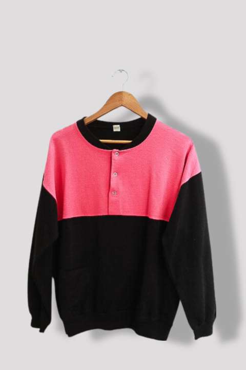 Vintage black pink colorblock 1/4 botton up crew neck sweatshirt