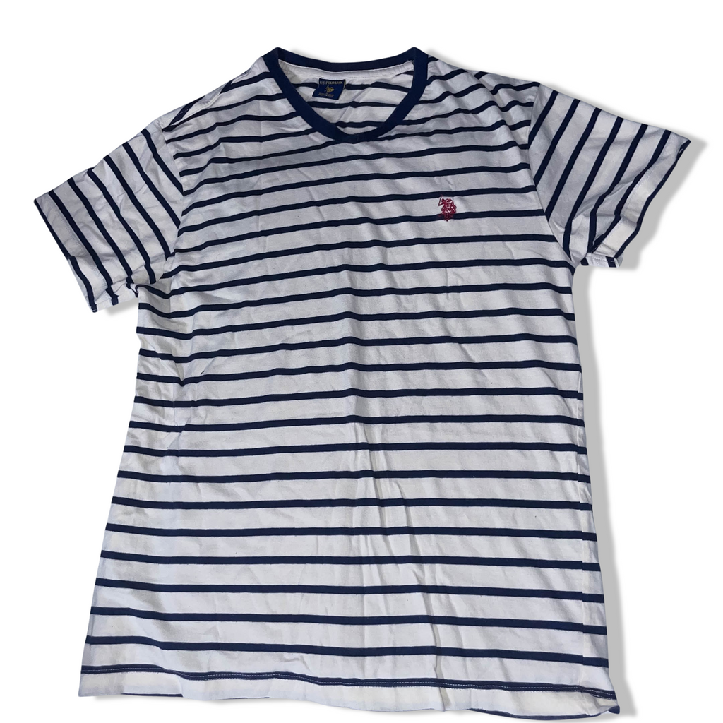 Vintage US. Polo. ASSN. white and blue multi stripe small vneck tees