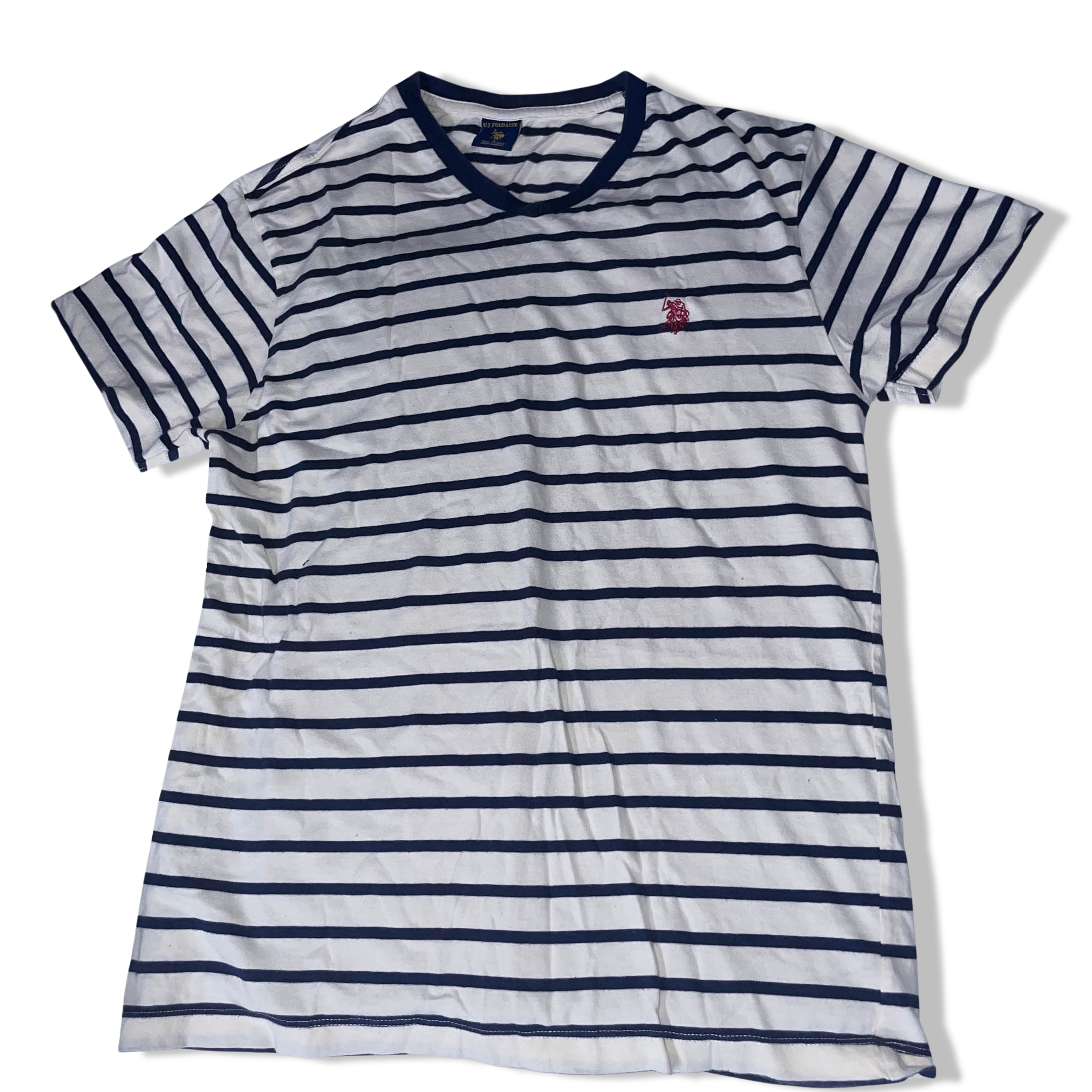 Vintage US. Polo. ASSN. white and blue multi stripe small vneck tees