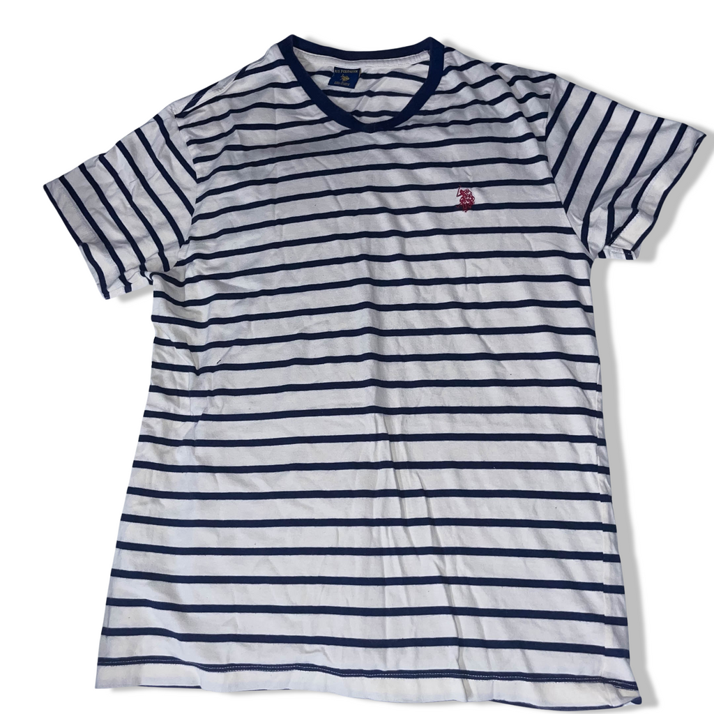 Vintage US. Polo. ASSN. white and blue multi stripe small vneck tees
