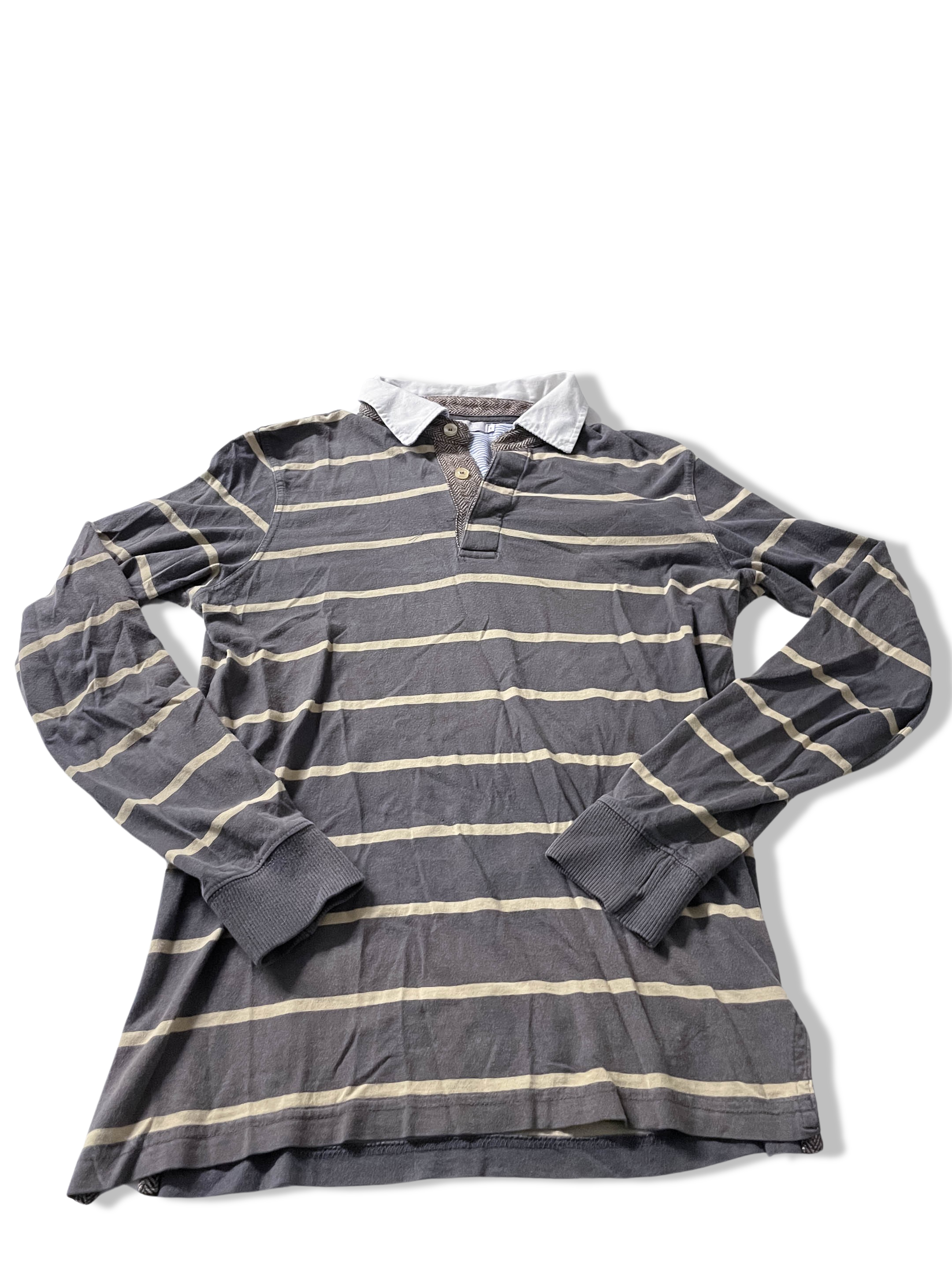 Vintage Joyful grey stripped mens medium long sleeve polo shirt