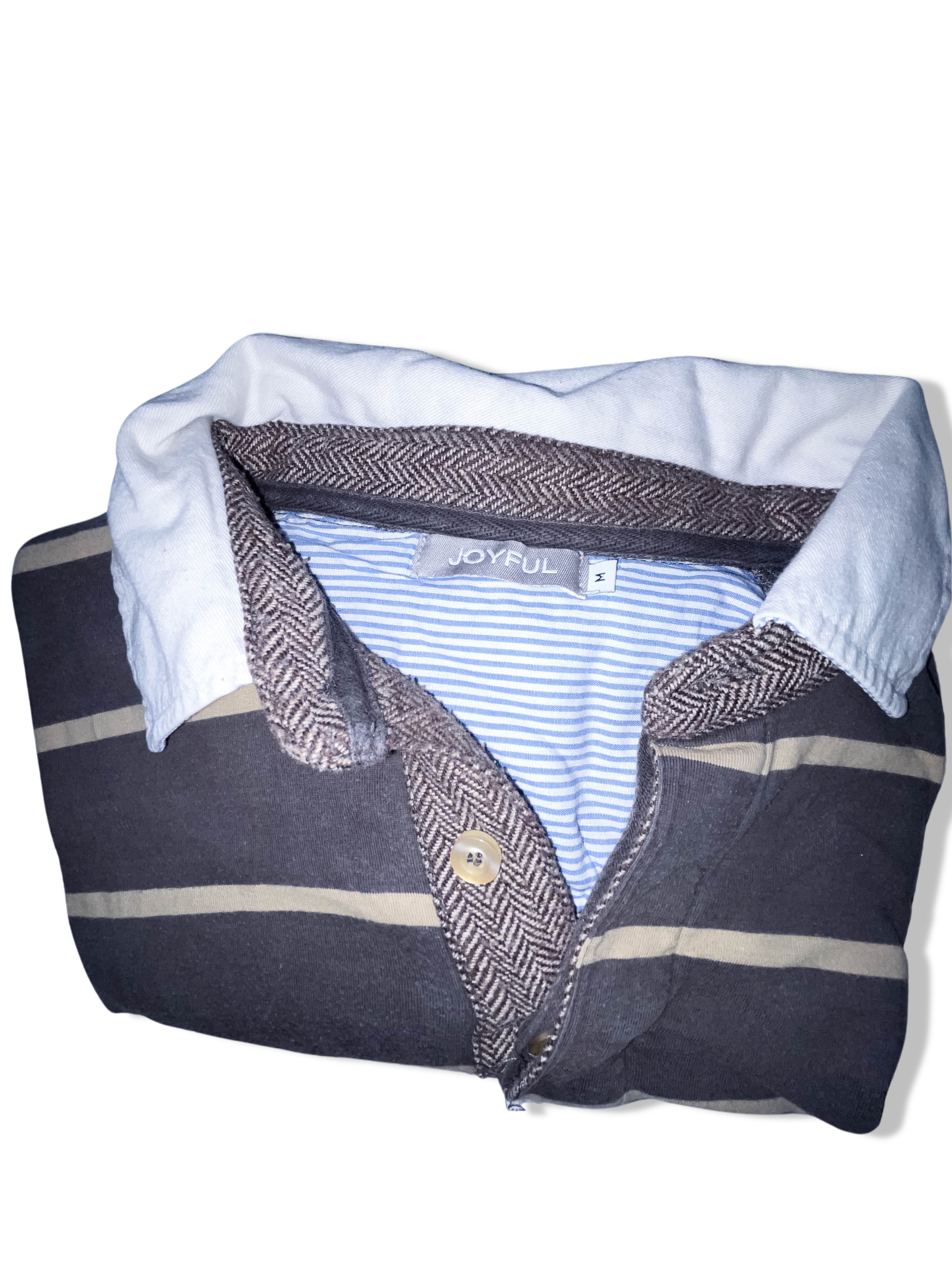 Vintage Joyful grey stripped mens medium long sleeve polo shirt