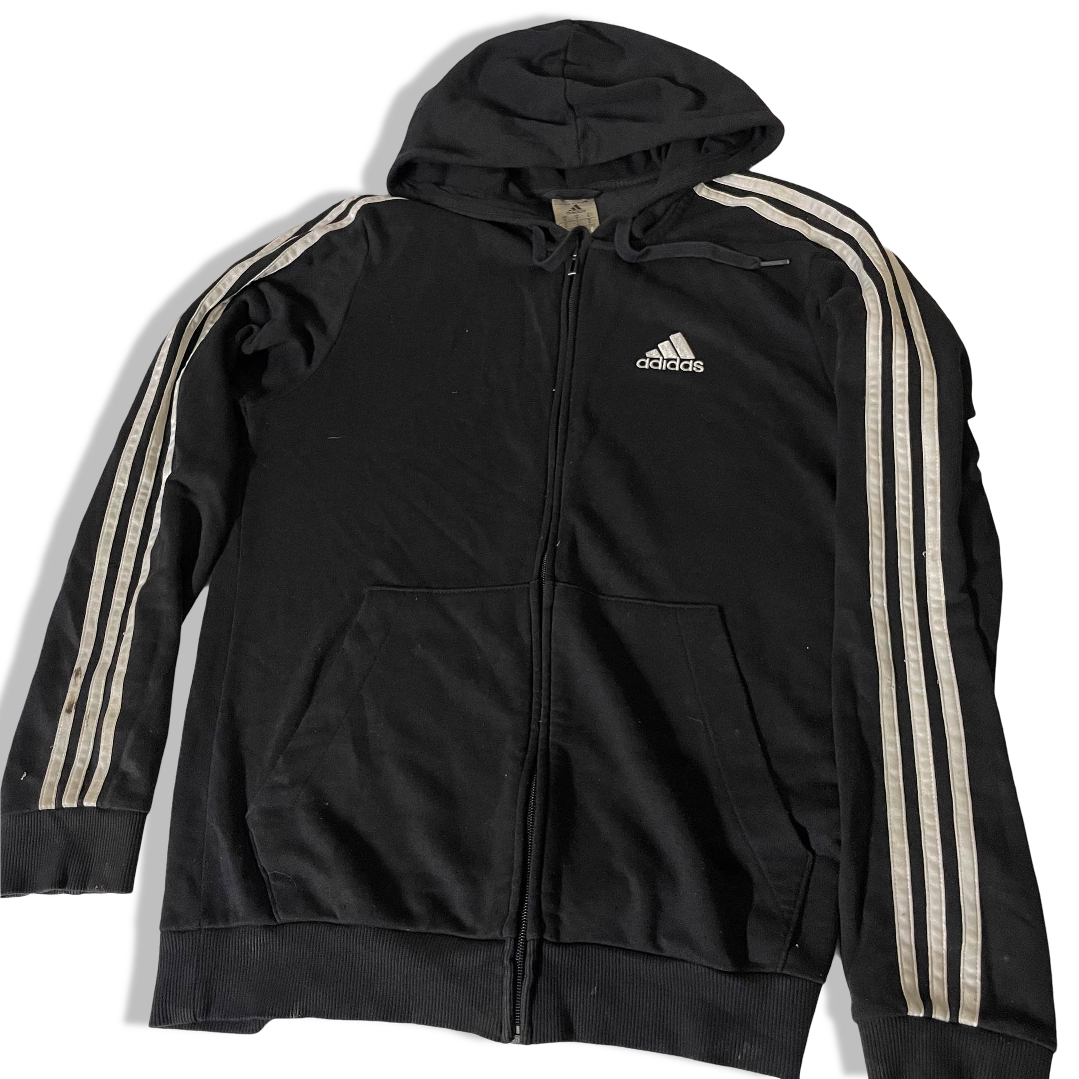 Vintage Adidas Men's sport essentials black 3 stripe Hooded jacket in S|SKU 3743