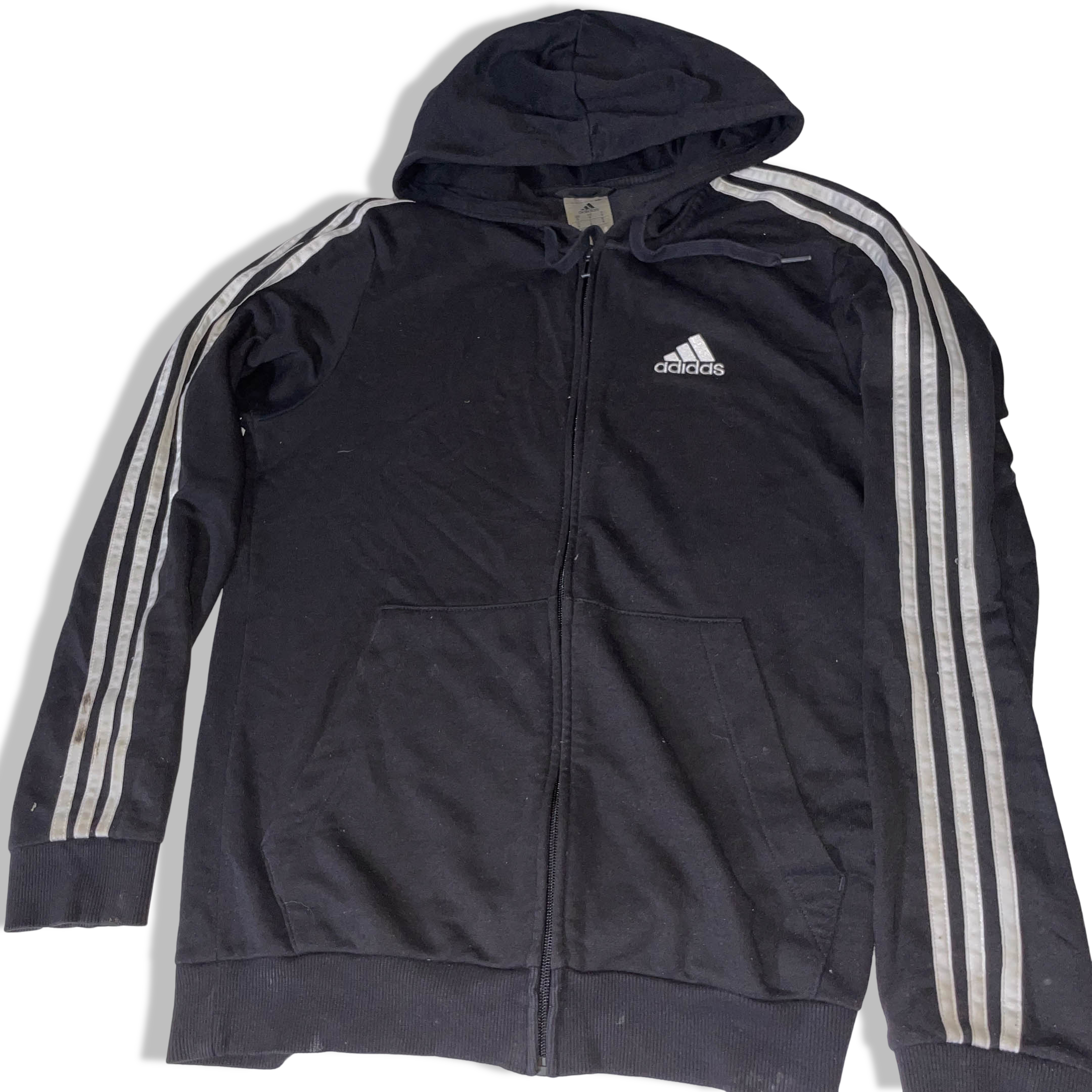 Vintage Adidas Men's sport essentials black 3 stripe Hooded jacket in S|SKU 3743