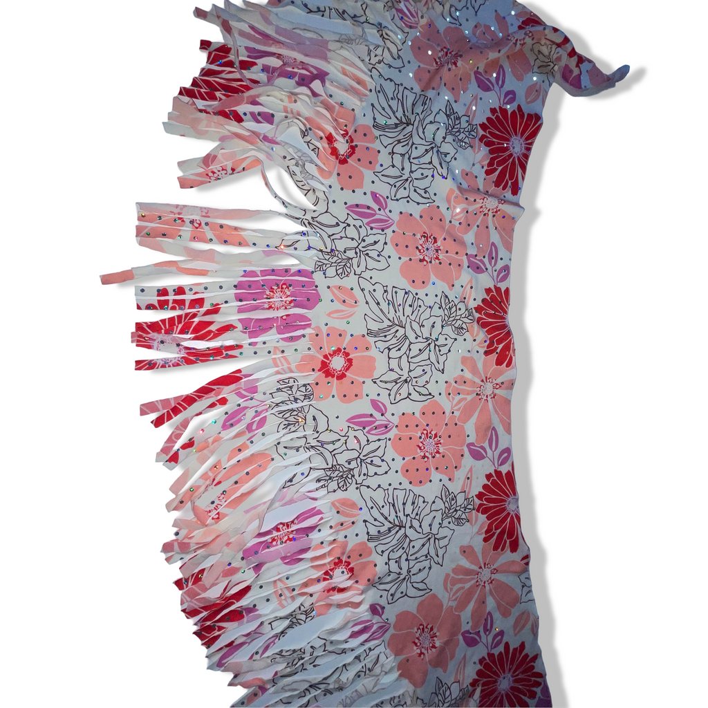 Vintage women's studded multi floral print polyester scarf L 44 W 15| SKU 3745