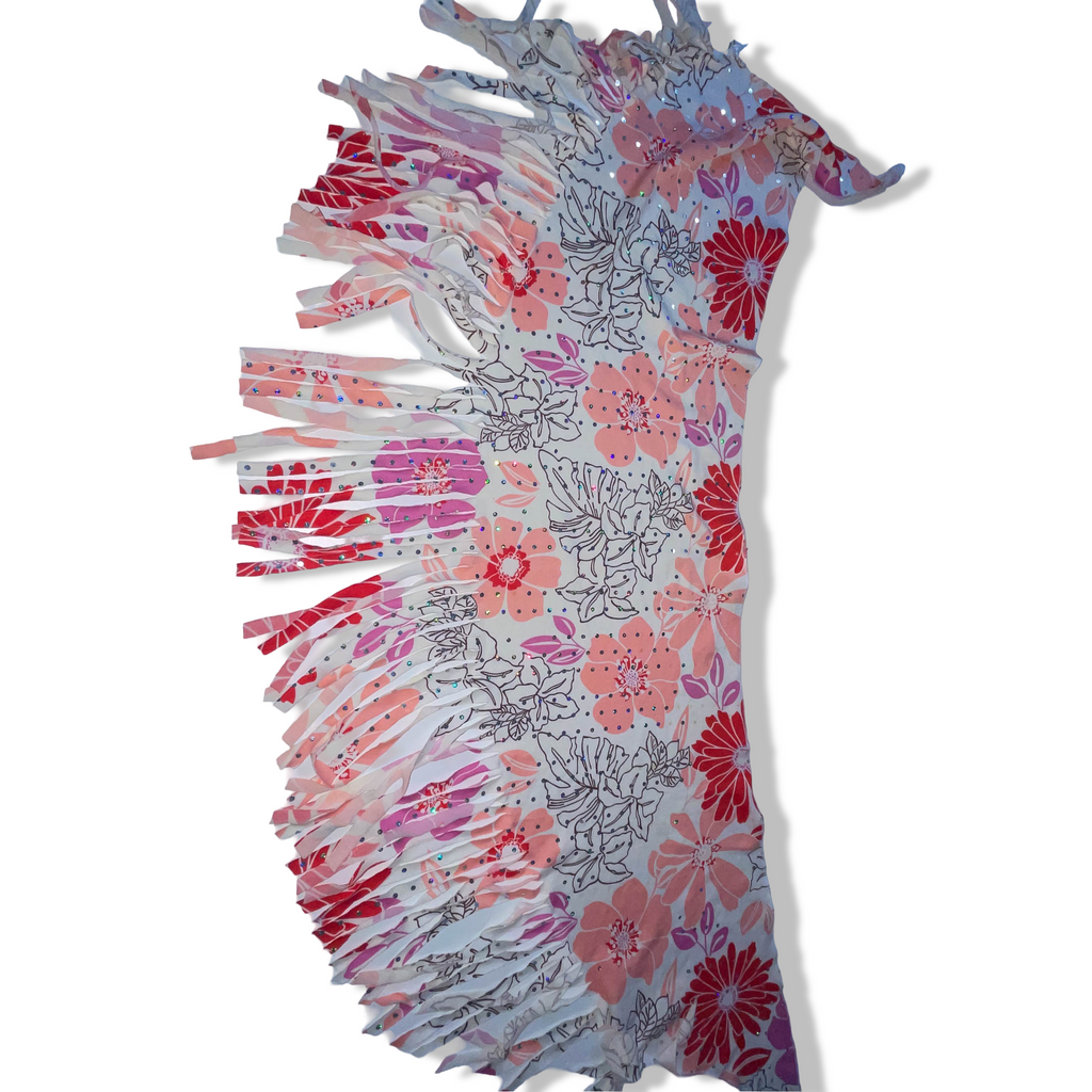 Vintage women's studded multi floral print polyester scarf L 44 W 15| SKU 3745