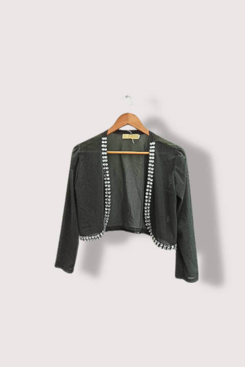 Vintage Shannon womens cropped beaded open front grey jacket M/L