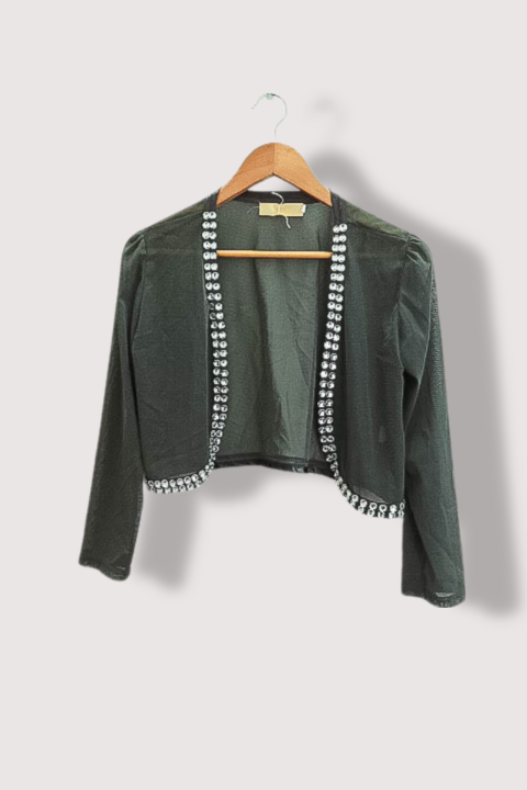 Vintage Shannon womens cropped beaded open front grey jacket M/L