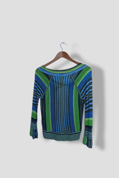 Vintage Karen Millen Women's Green Blue Striped Viscose Medium Blouse