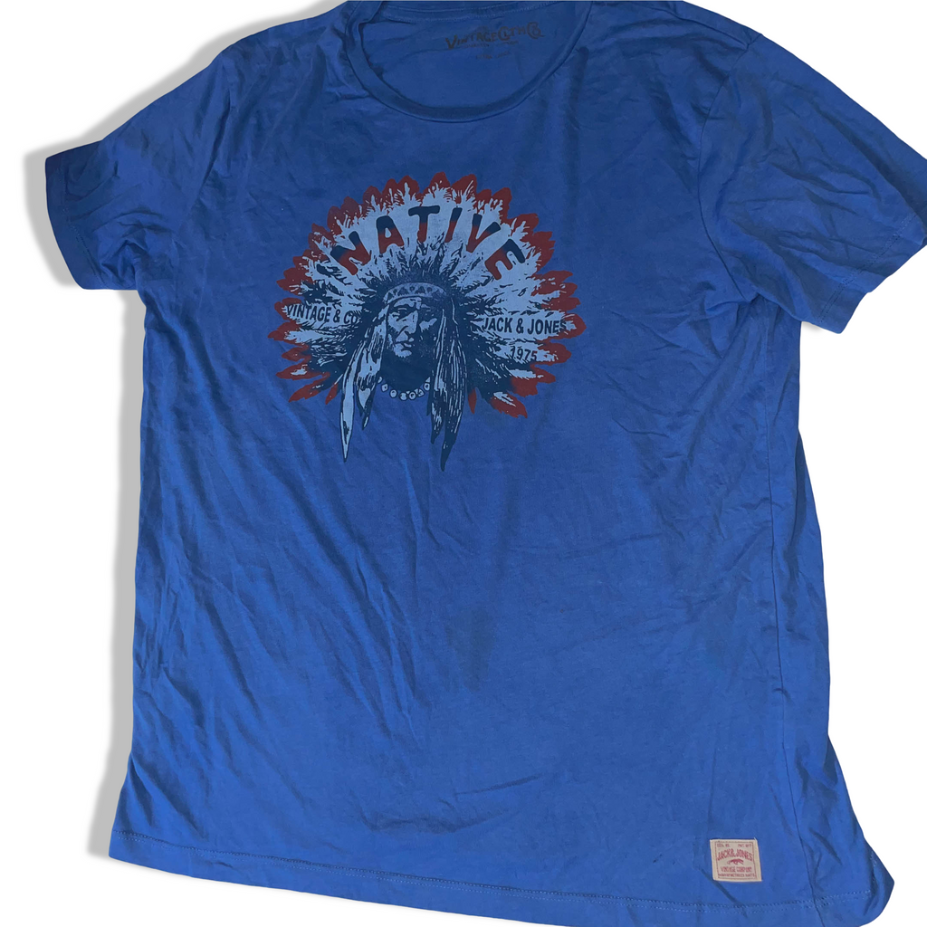 Vintage Jack &amp; Jones 90's Graphics printed mens blue Tshirt XL|L28W20|SKU 3747