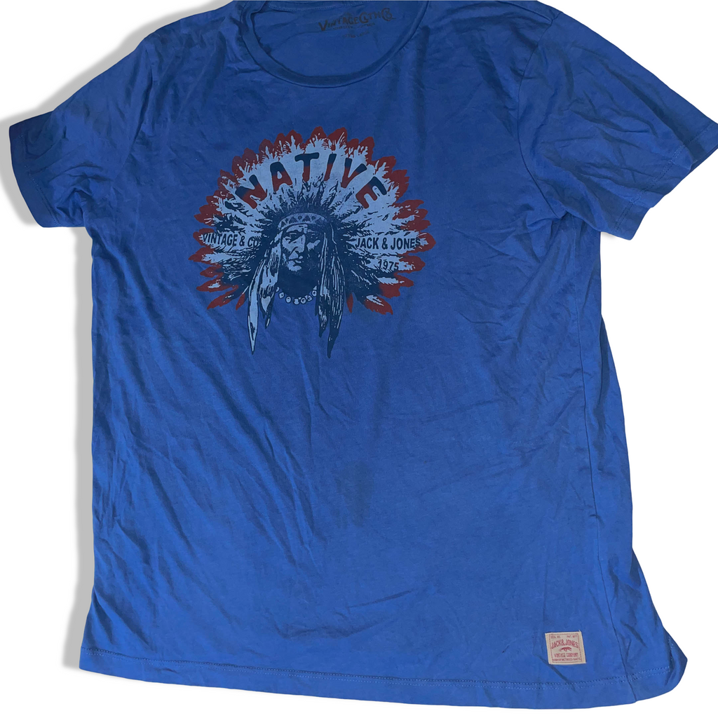 Vintage Jack &amp; Jones 90's Graphics printed mens blue Tshirt XL|L28W20|SKU 3747