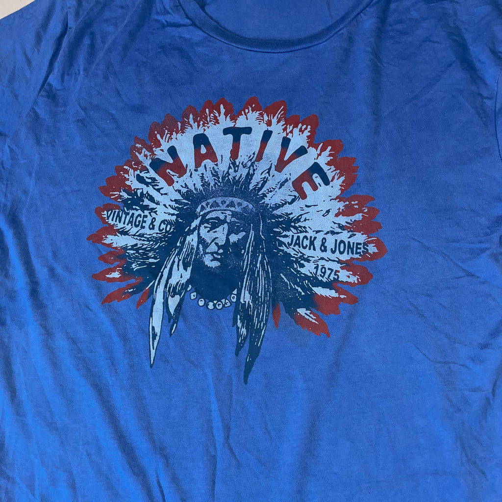 Vintage Jack &amp; Jones 90's Graphics printed mens blue Tshirt XL|L28W20|SKU 3747