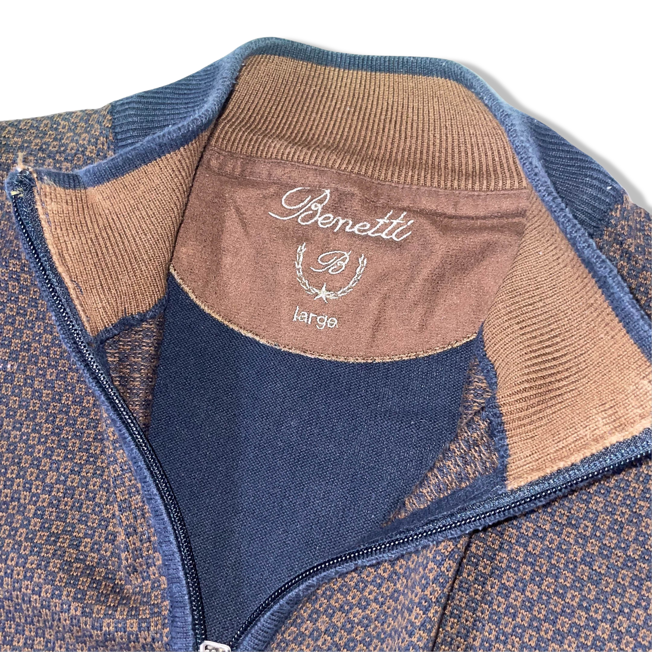 Vintage Benetti large brown and blue 1/4 zip up high neck sweater