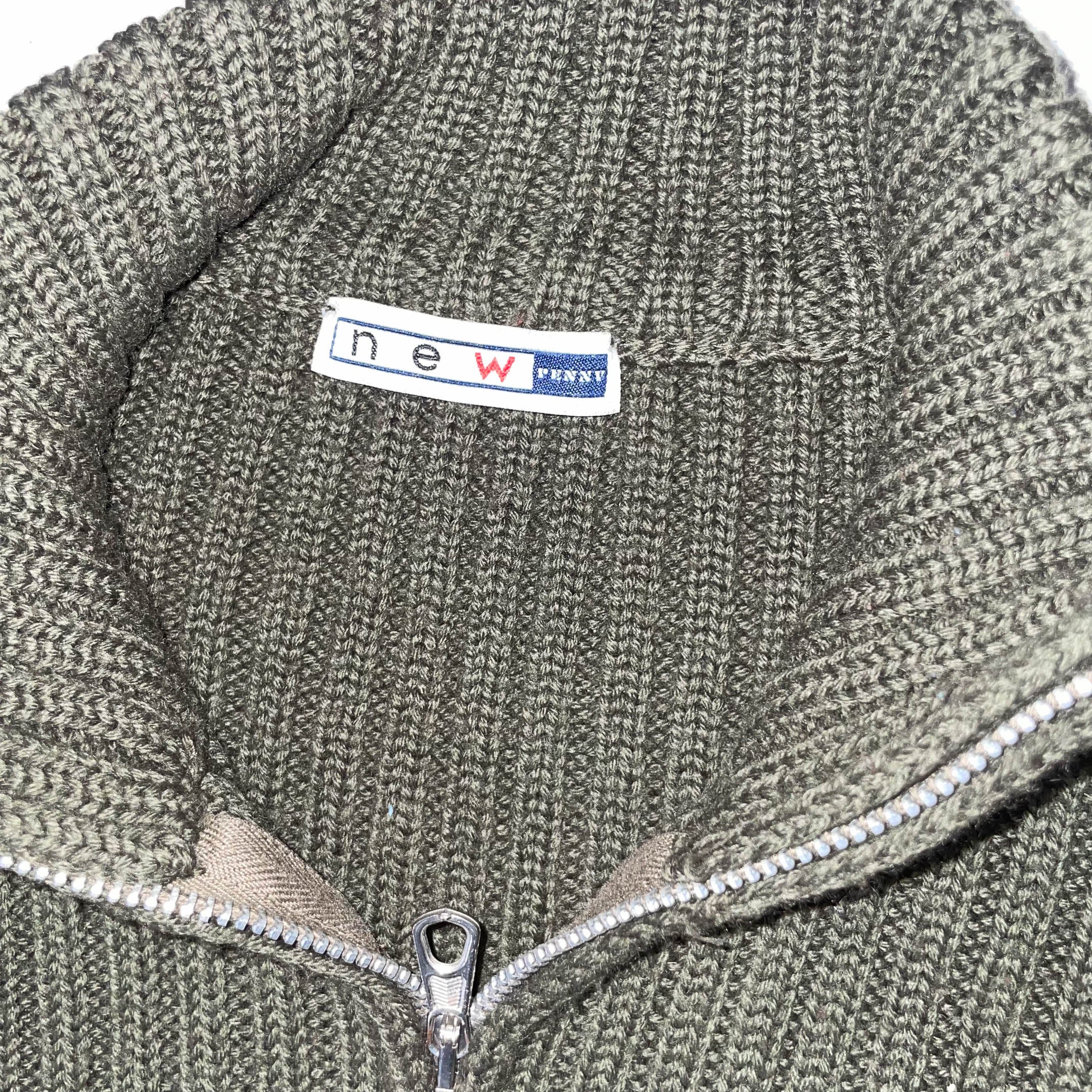 New Pennv Heavy knit full zip up khaki green medium high neck sweater
