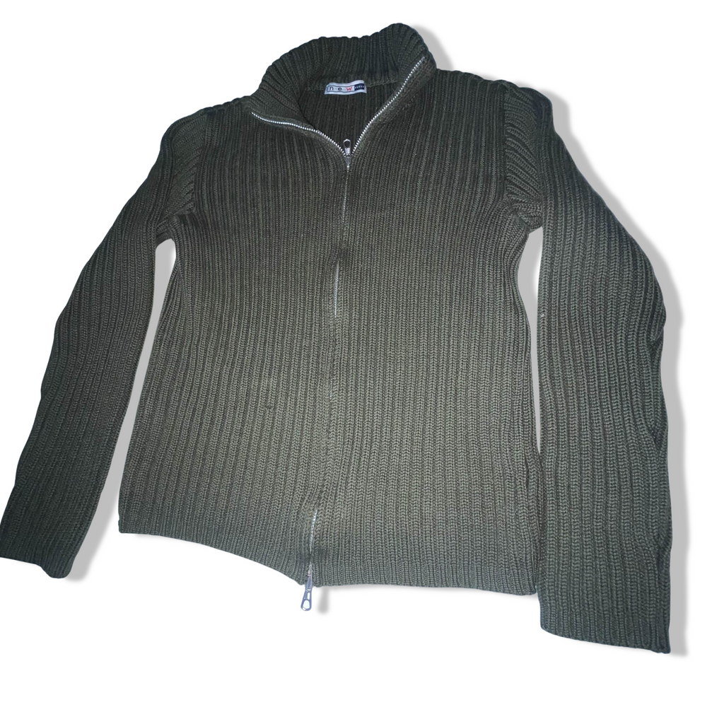 New Pennv Heavy knit full zip up khaki green medium high neck sweater