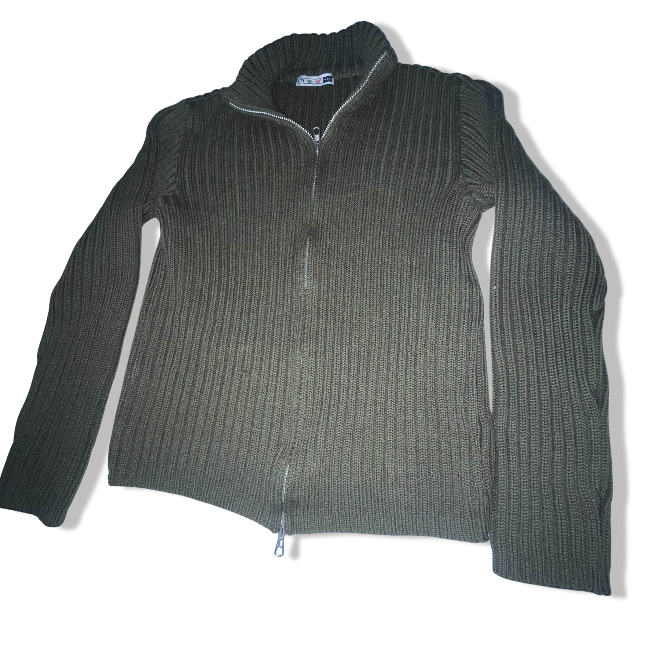 New Pennv Heavy knit full zip up khaki green medium high neck sweater