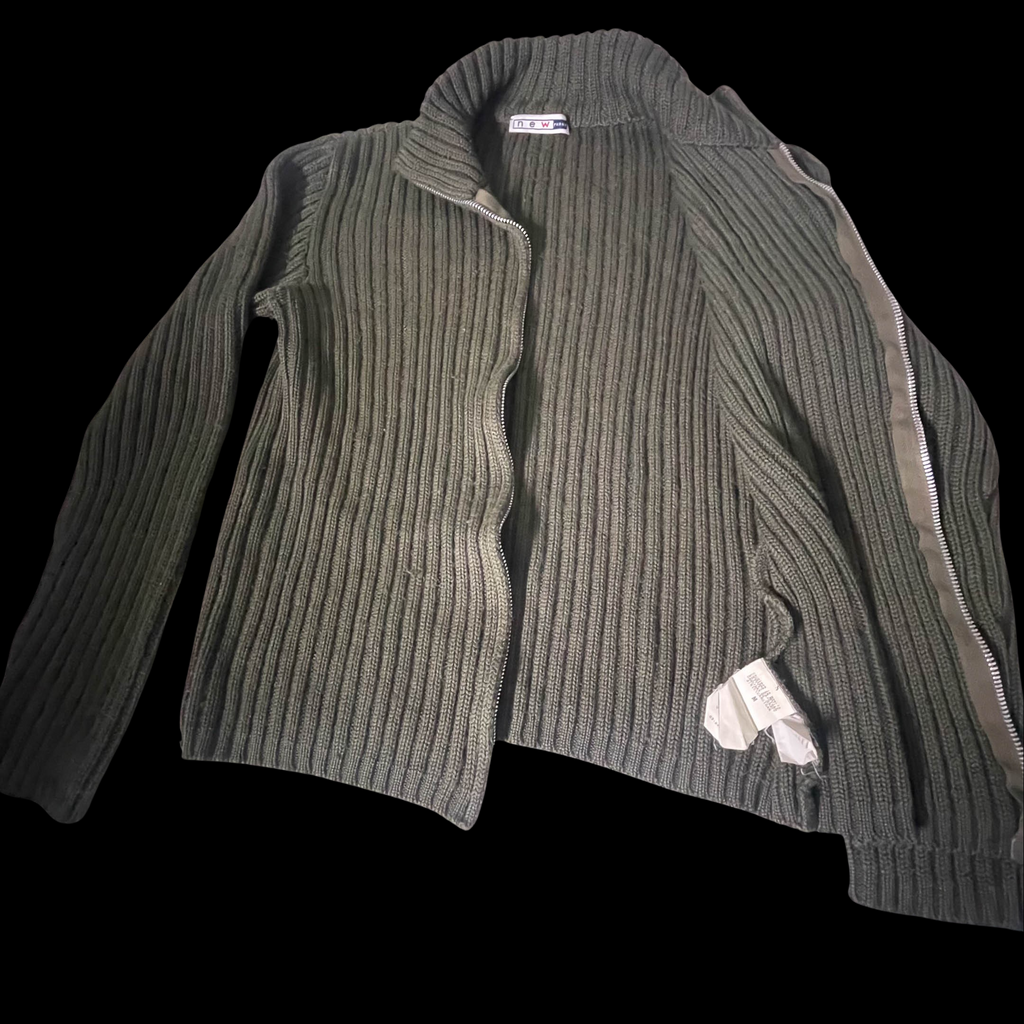 New Pennv Heavy knit full zip up khaki green medium high neck sweater