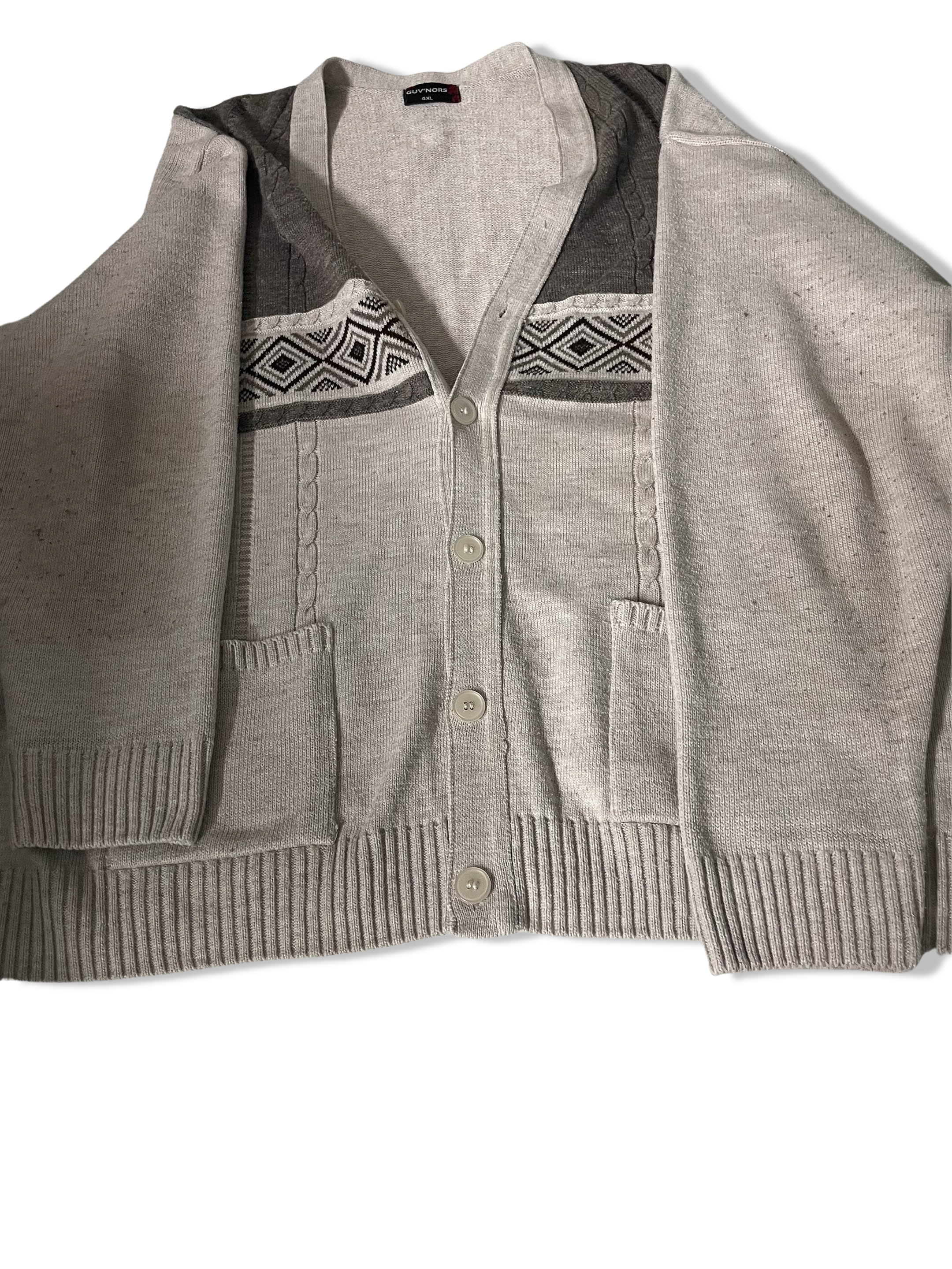 Vintage Giuv'nors grey geometric pattern vneck button up twin pocket heavy jumper 4XL