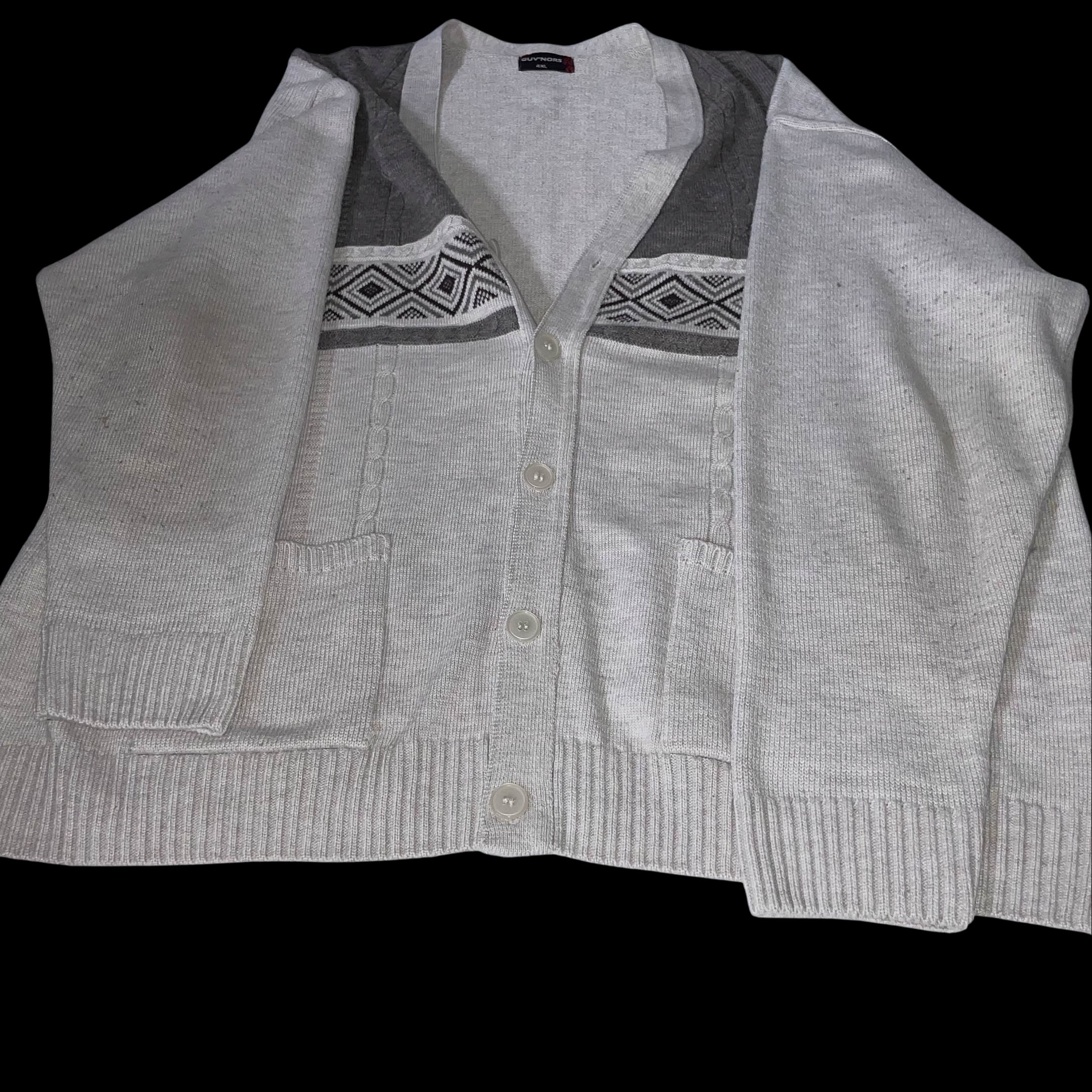 Vintage Giuv'nors grey geometric pattern vneck button up twin pocket heavy jumper 4XL