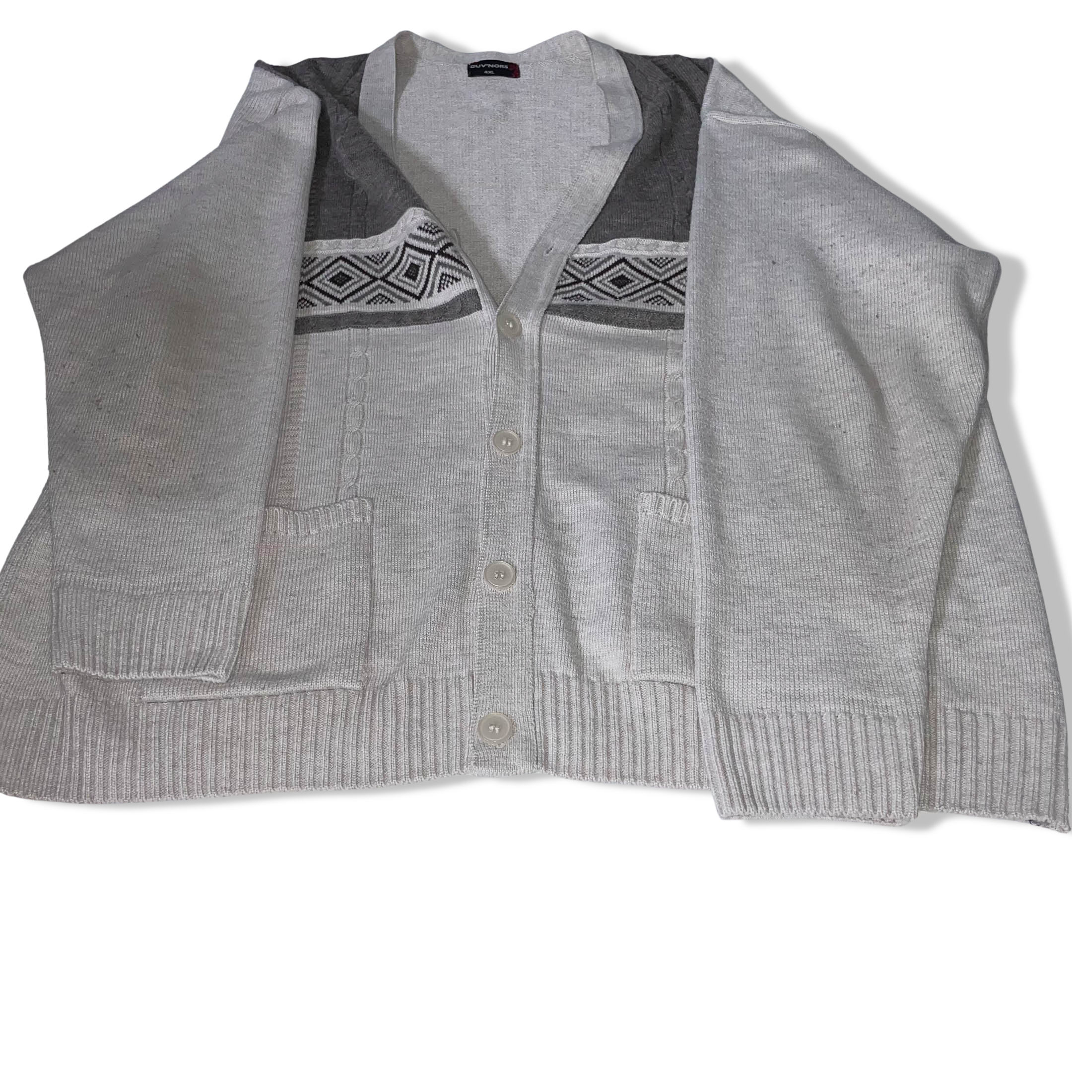 Vintage Giuv'nors grey geometric pattern vneck button up twin pocket heavy jumper 4XL