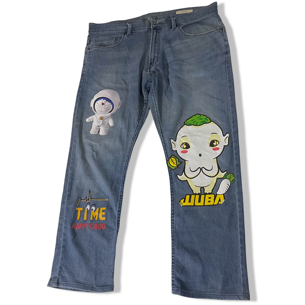 Vintage Mark & Spencers men's slim fit blue baby print jeans trouser| SKU 3702