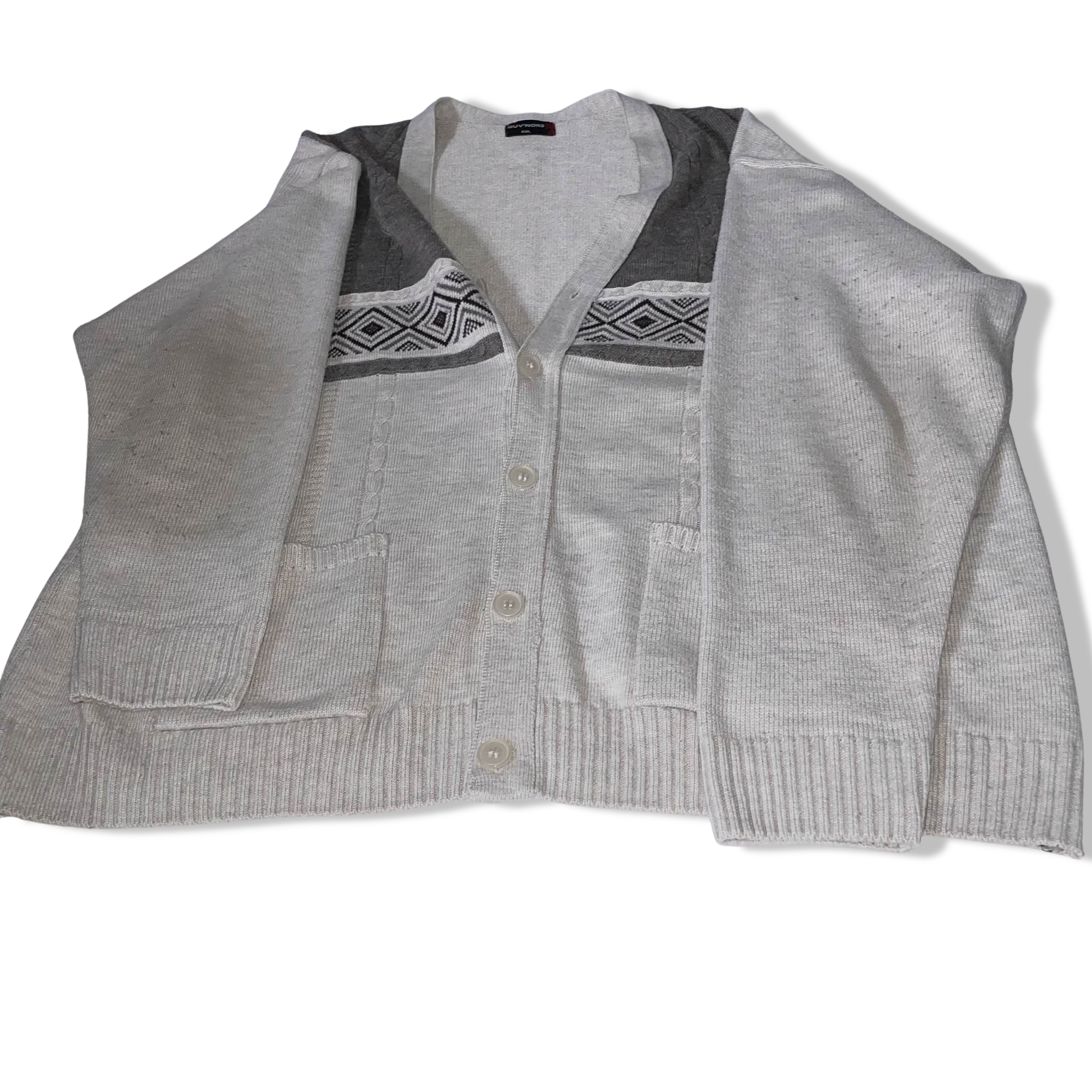 Vintage Giuv'nors grey geometric pattern vneck button up twin pocket heavy jumper 4XL