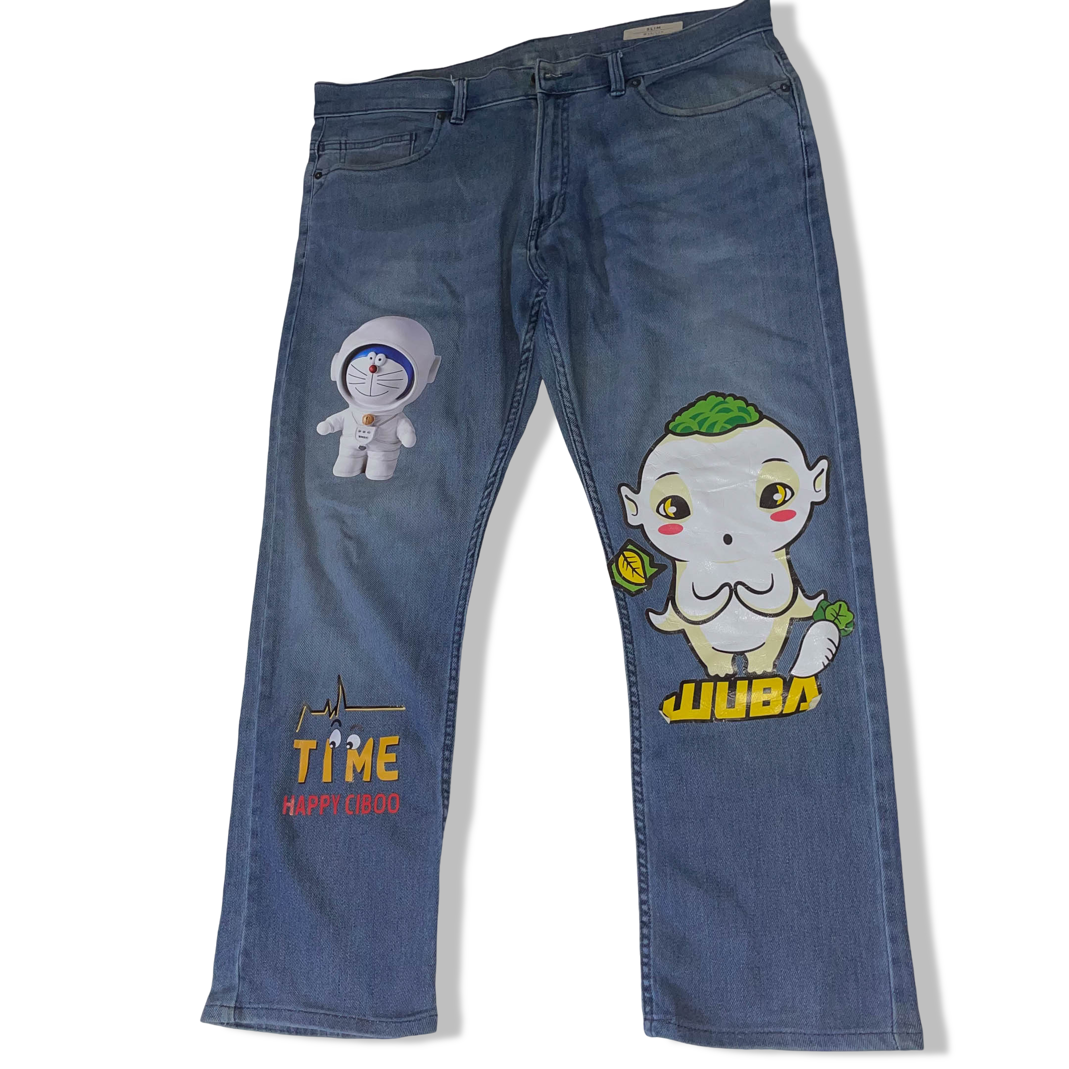 Vintage Mark & Spencers men's slim fit blue baby print jeans trouser| SKU 3702