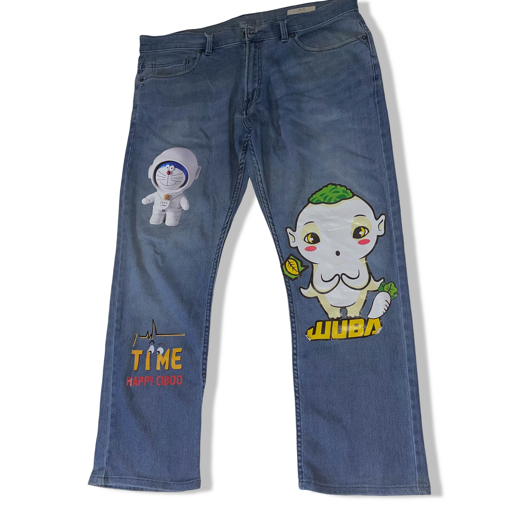 Vintage Mark & Spencers men's slim fit blue baby print jeans trouser| SKU 3702