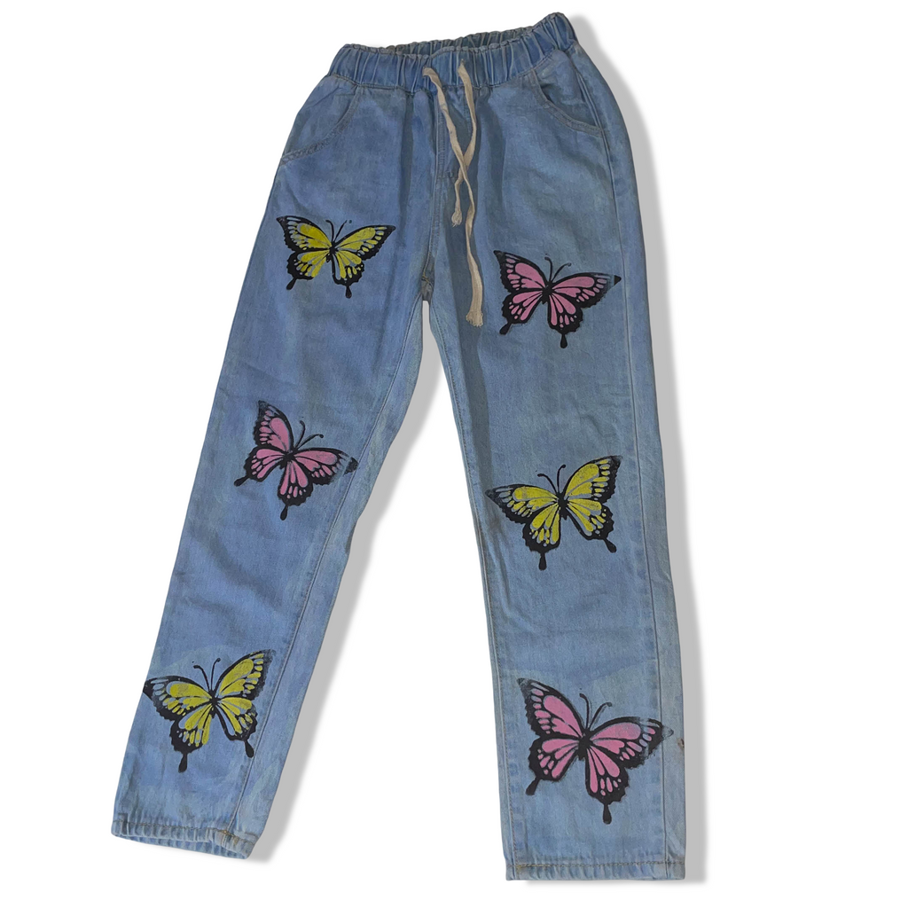 Vintage Butterfly print blue expandable waist jeans in M