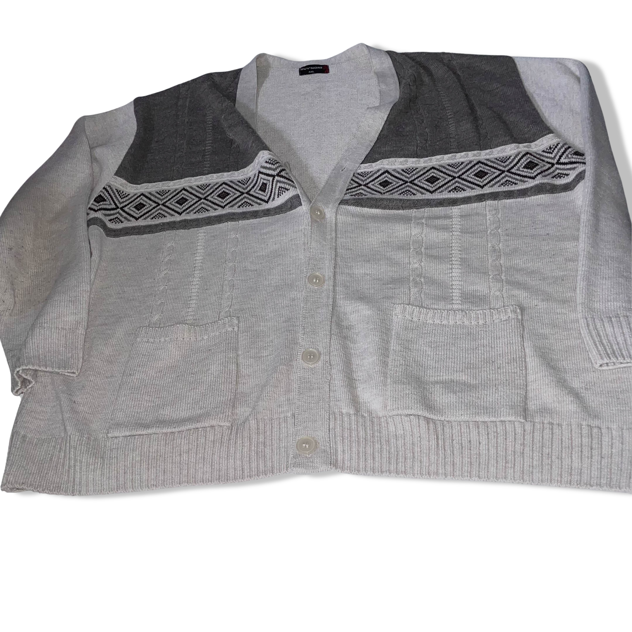 Vintage Giuv'nors grey geometric pattern vneck button up twin pocket heavy jumper 4XL