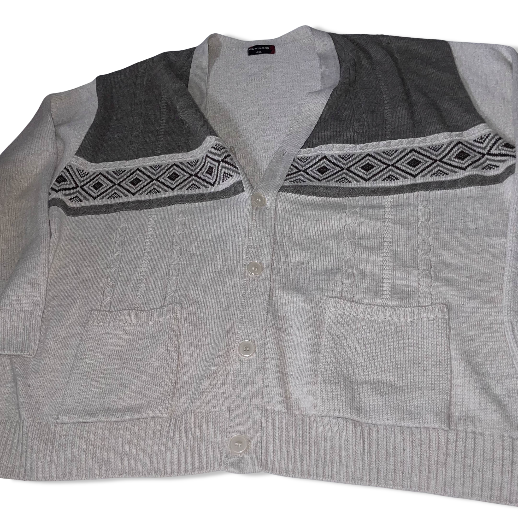 Vintage Giuv'nors grey geometric pattern vneck button up twin pocket heavy jumper 4XL