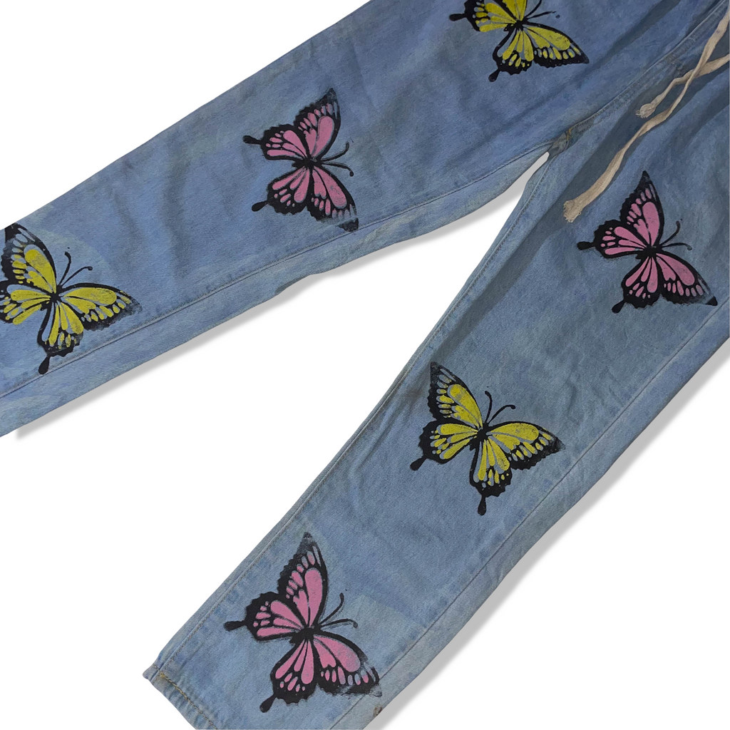 Vintage Butterfly print blue expandable waist jeans in M