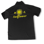 Vintage mens black regular fit polo shirt with sun flower crest at the back in L