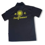 Vintage mens black regular fit polo shirt with sun flower crest at the back in L