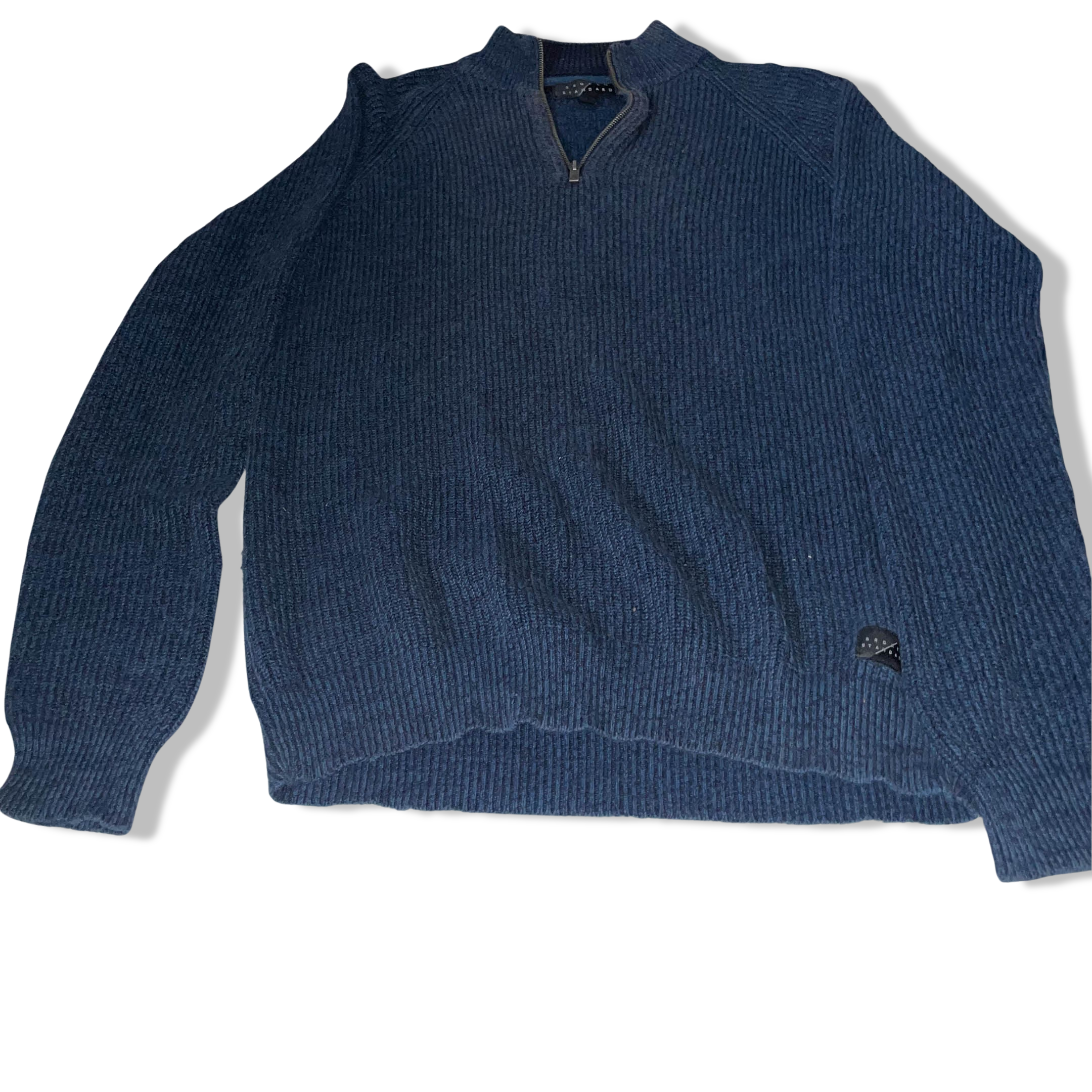 Vintage Broken standard blue knitted 1/4 zip up high neck large sweater
