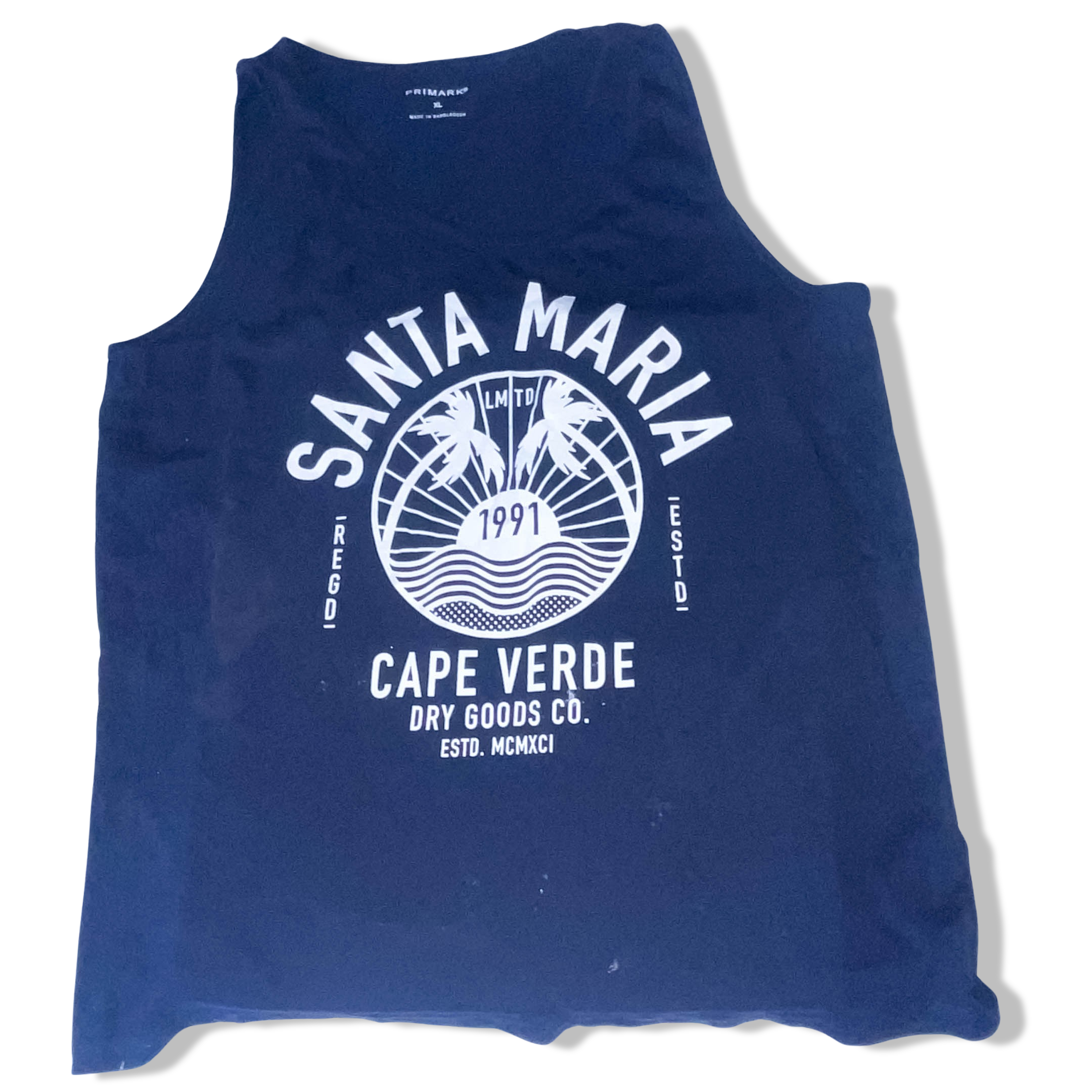 Vintage Blue Primark Santa Maria Cape Verde Dry Goods Co. graphics sleeveless tshirt XL