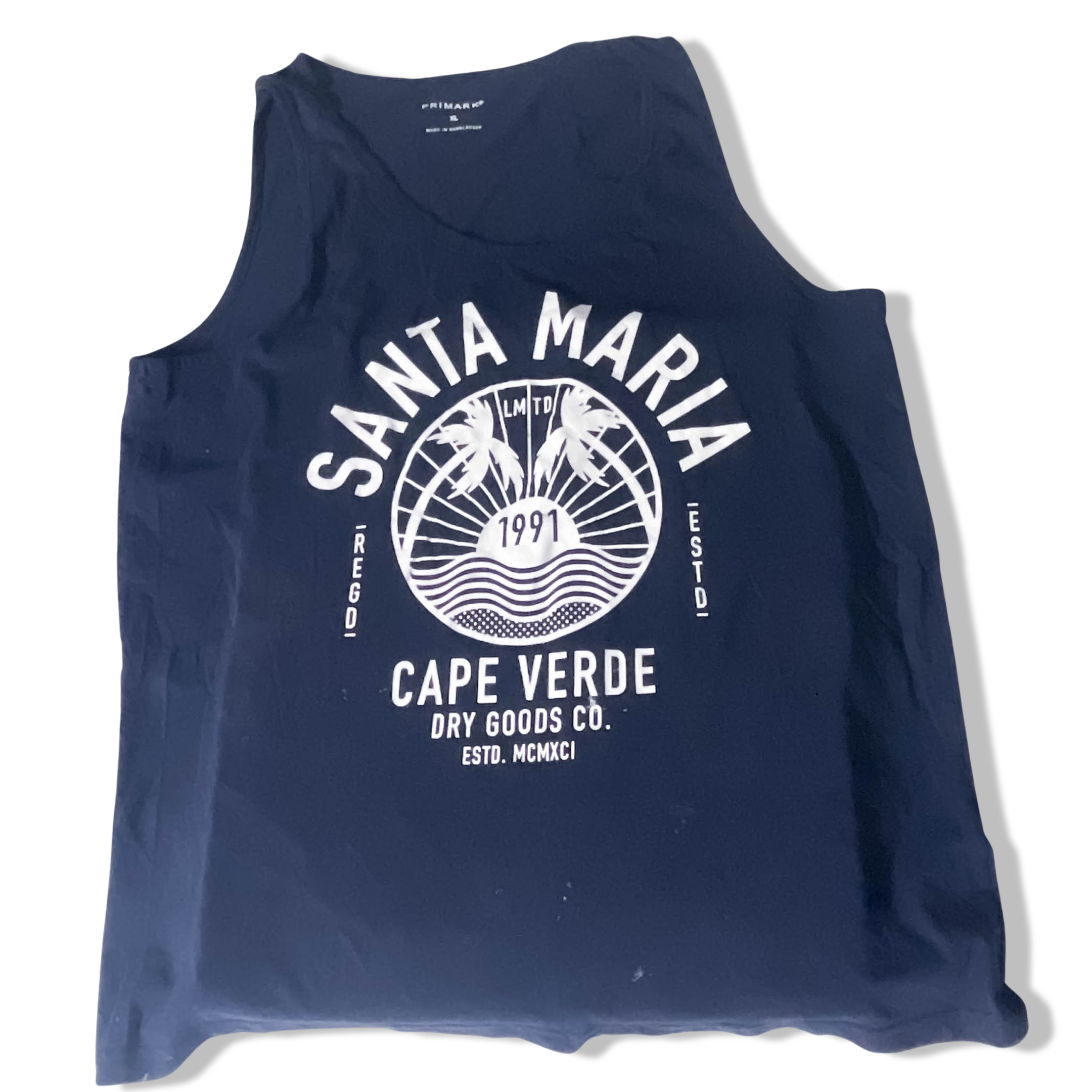 Vintage Blue Primark Santa Maria Cape Verde Dry Goods Co. graphics sleeveless tshirt XL
