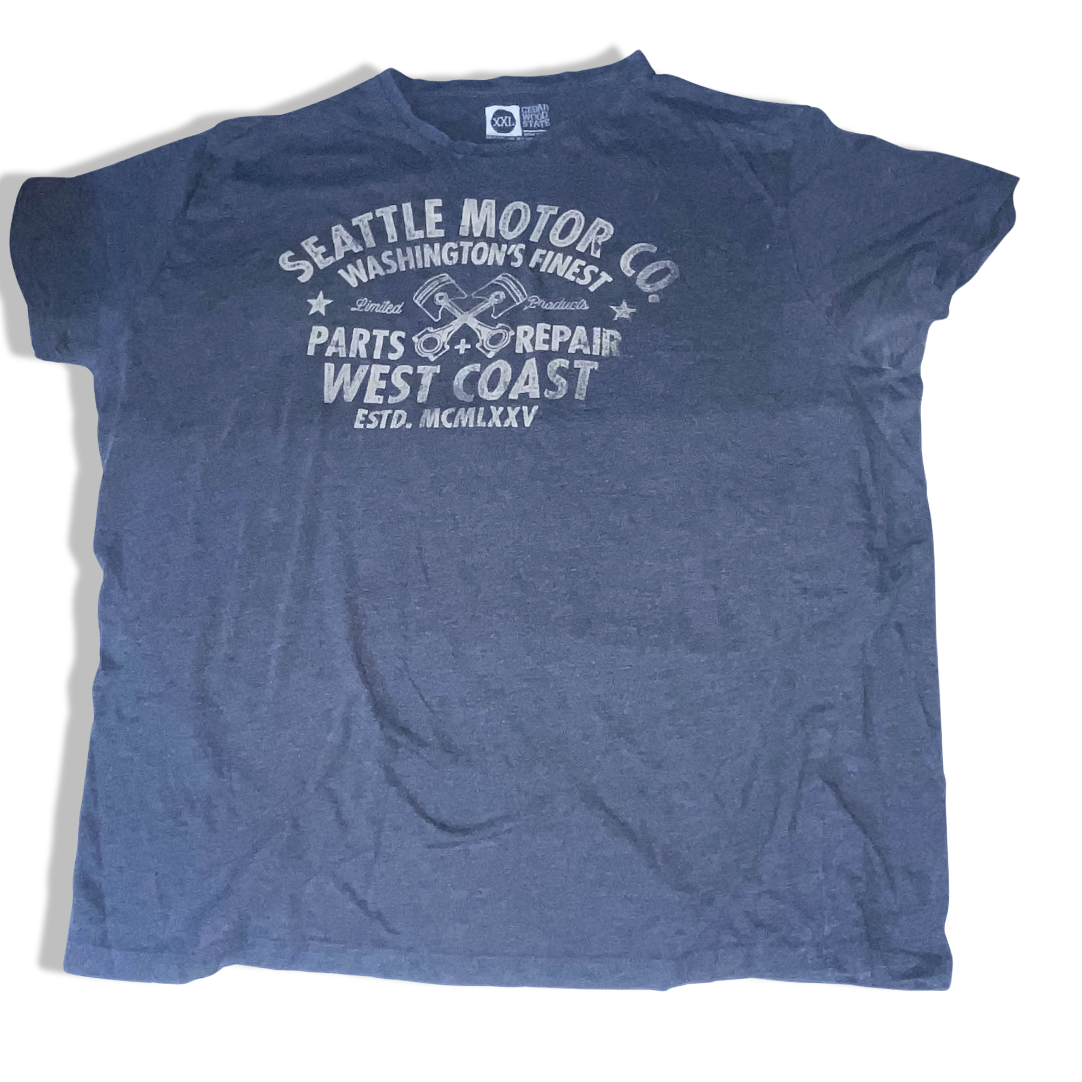Vintage Cedarwood state Seattle Motors co. Washington Finest Graphics grey tees XXL