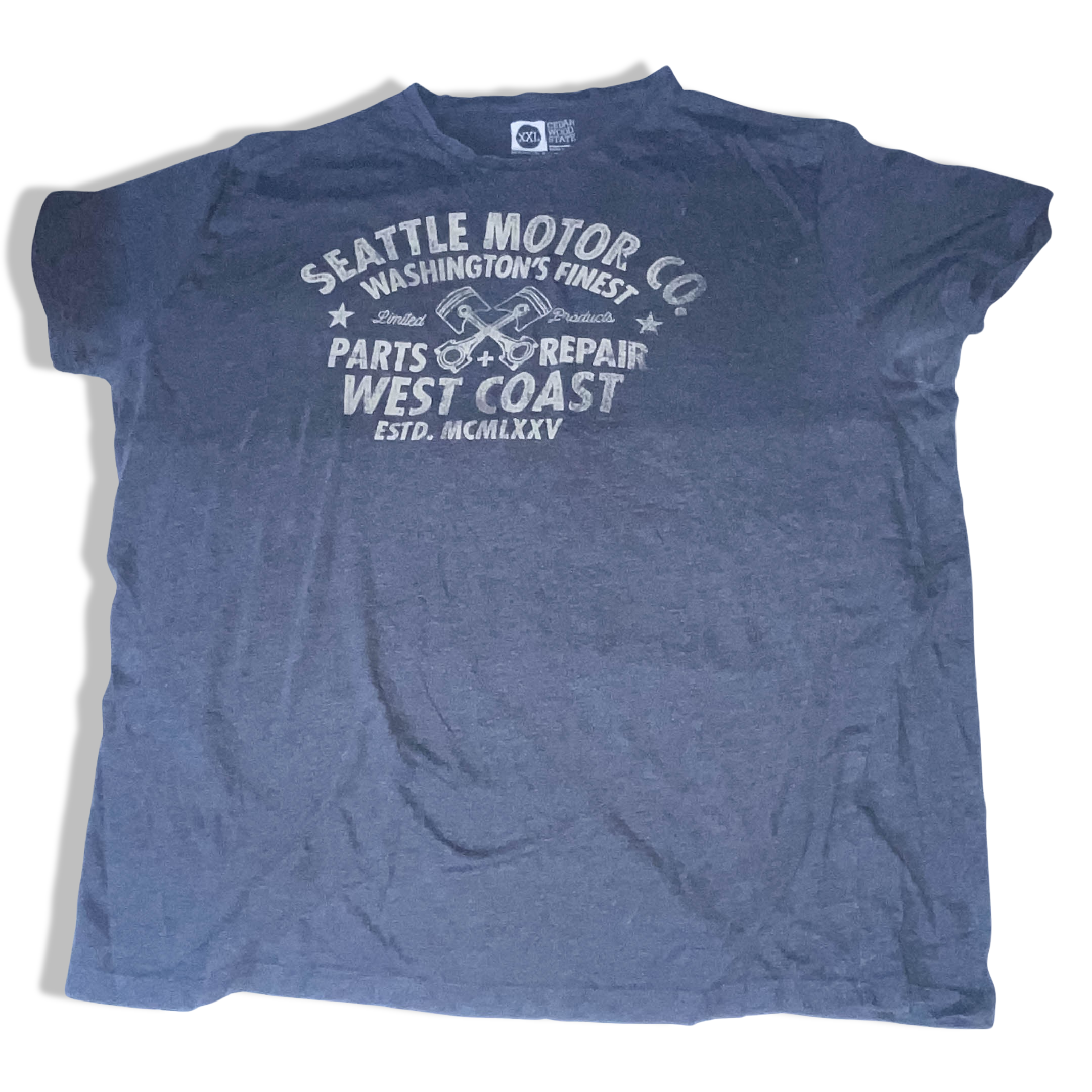 Vintage Cedarwood state Seattle Motors co. Washington Finest Graphics grey tees XXL