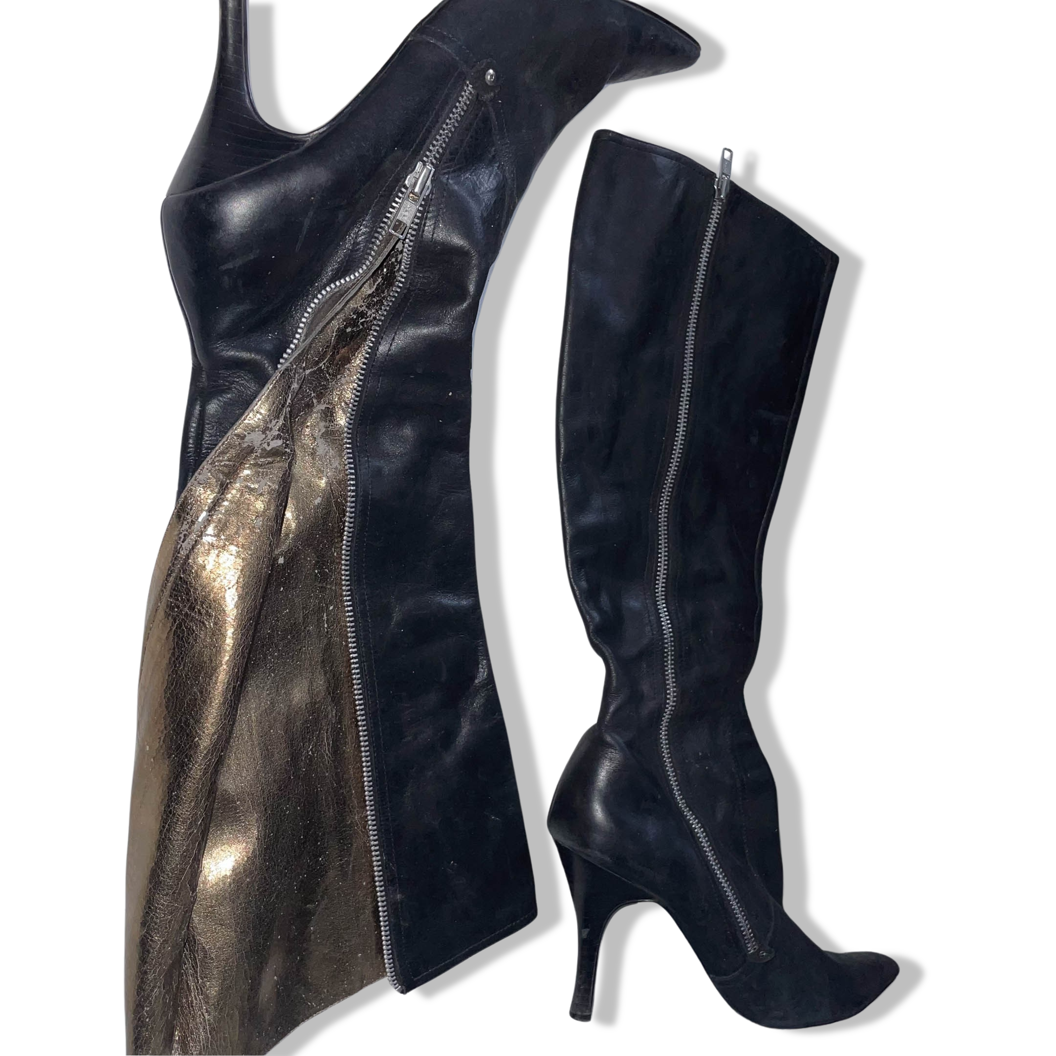 Vintage Female black leather side zip up high heel boot size 40
