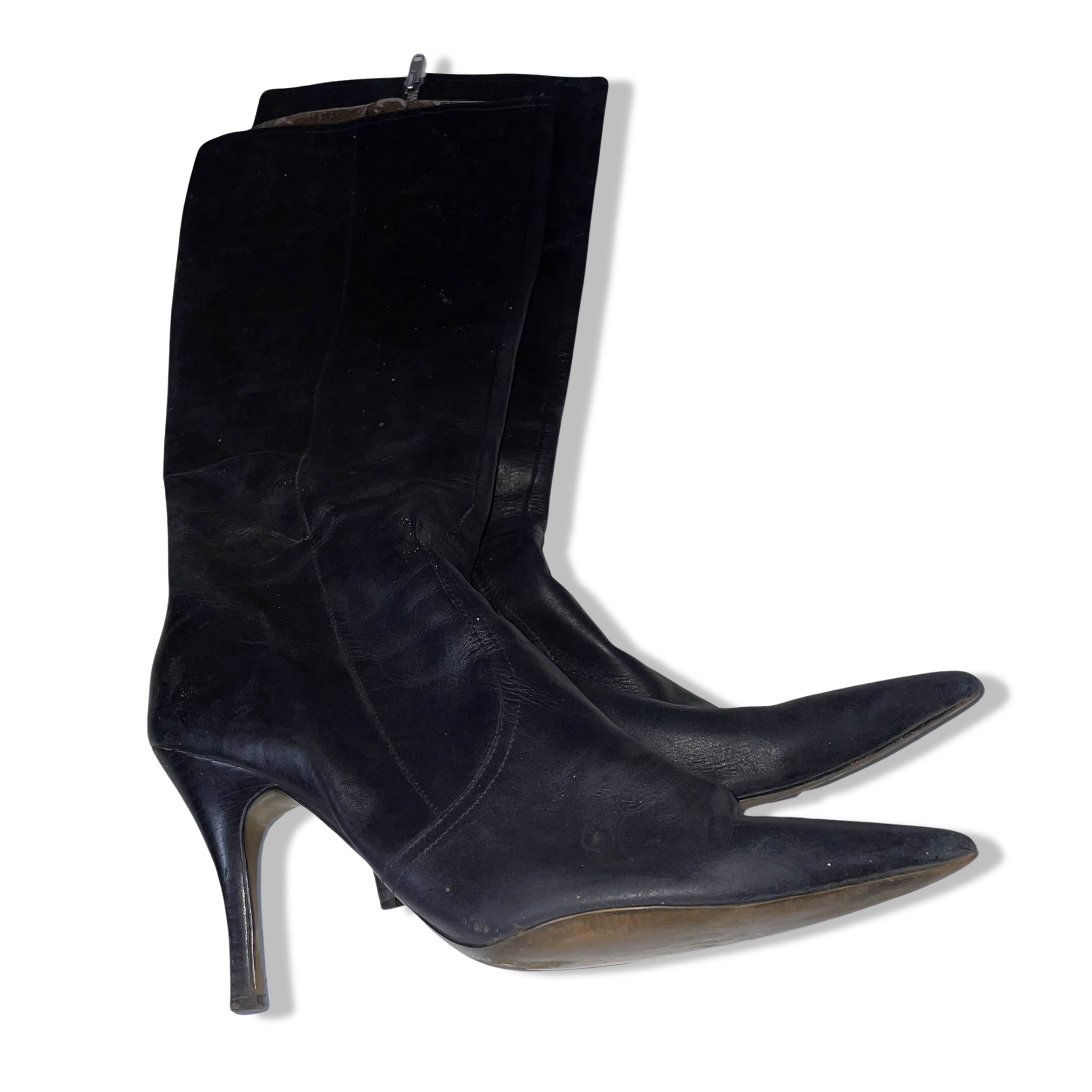 Vintage Female black leather side zip up high heel boot size 40