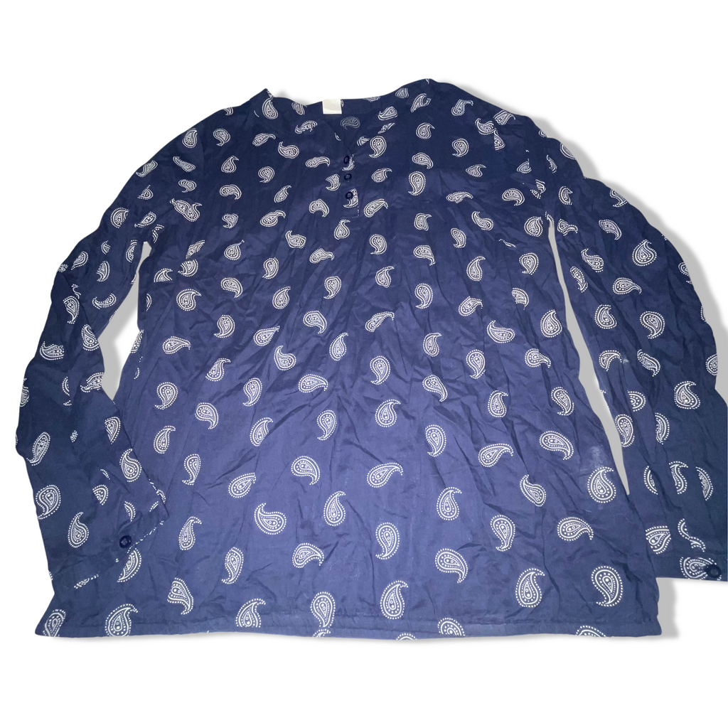 Vintage blue paisley ornament print pattern three button up top