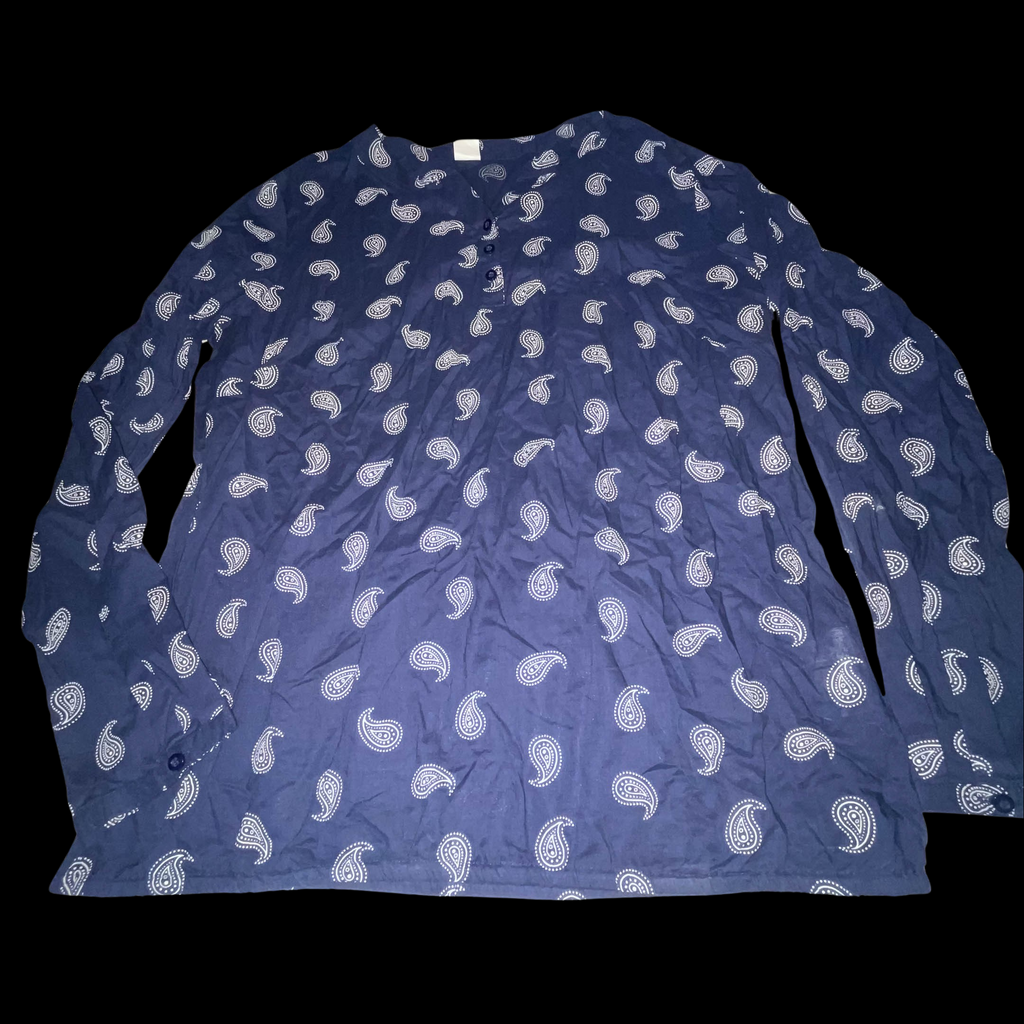Vintage blue paisley ornament print pattern three button up top