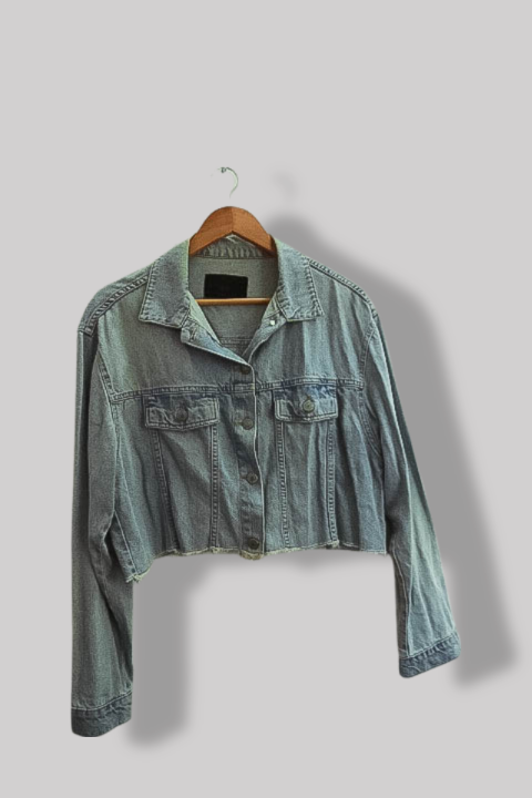 Vintage womens distressed ripped cropped blue denim jacket M/L