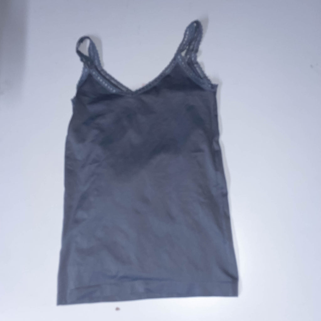 Vintage Nouvelle Seamless lace trim ribbed medium v-neck grey tank top