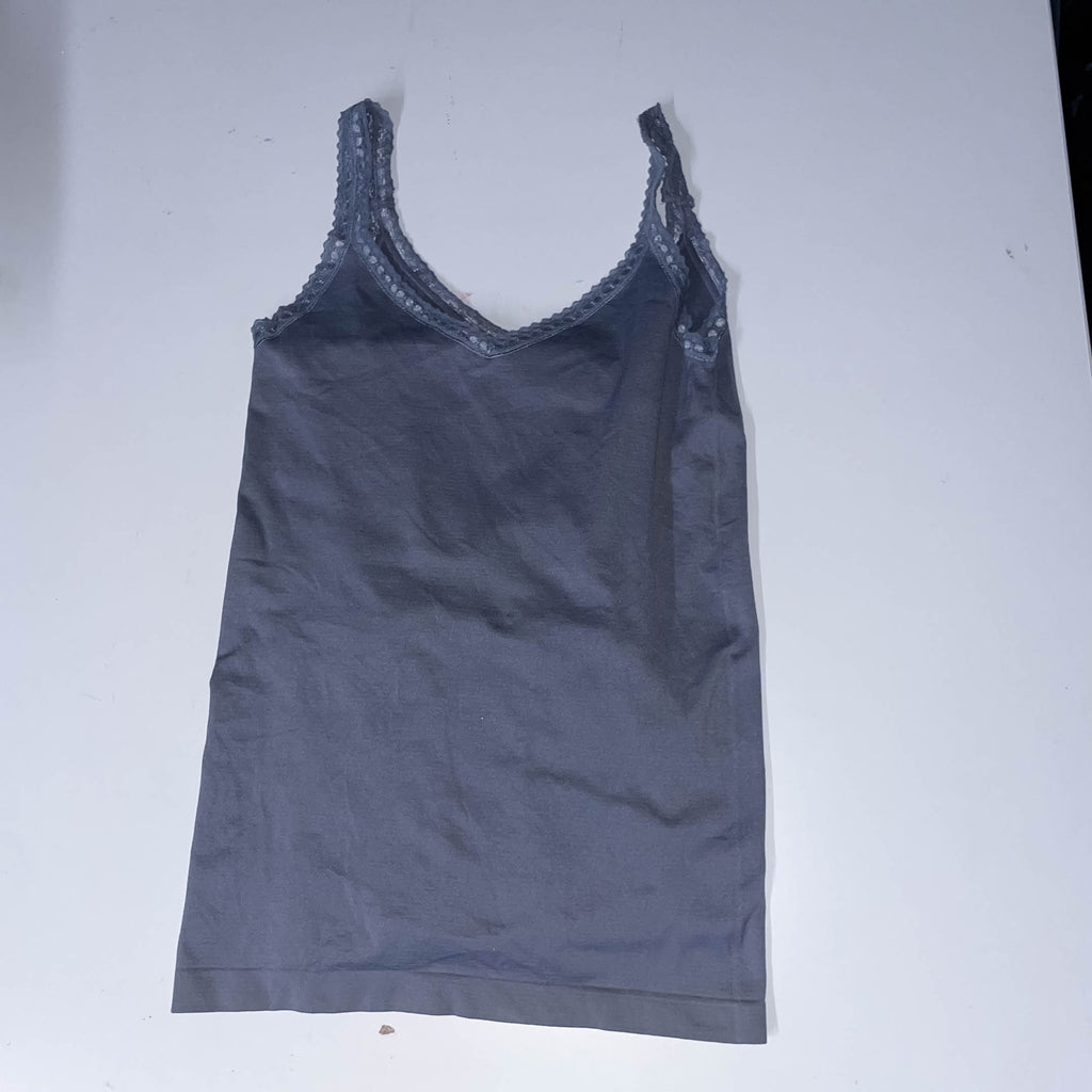 Vintage Nouvelle Seamless lace trim ribbed medium v-neck grey tank top