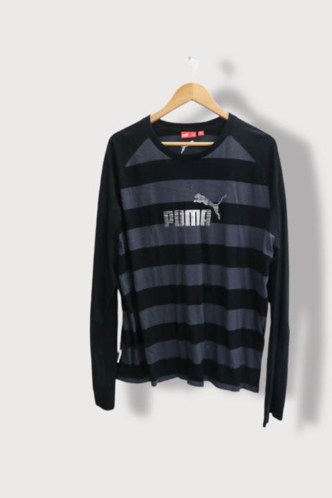 Vintage PUMA Mens Graphic Top Long Sleeve Large Black Striped Cotton