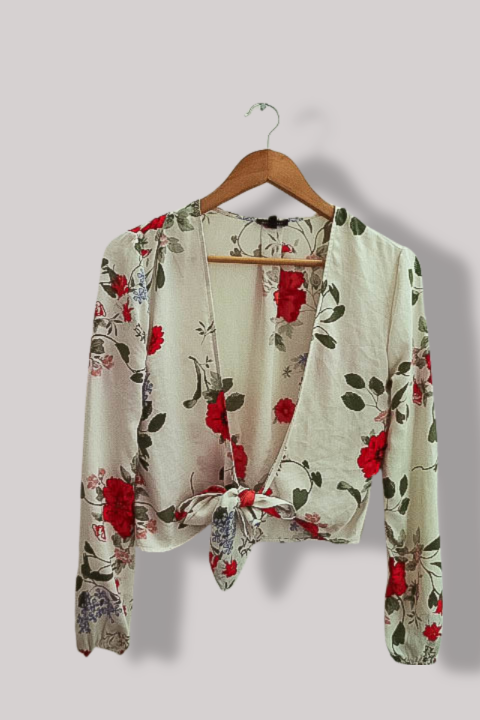 Vintage womens floral tie-front cropped cream small top