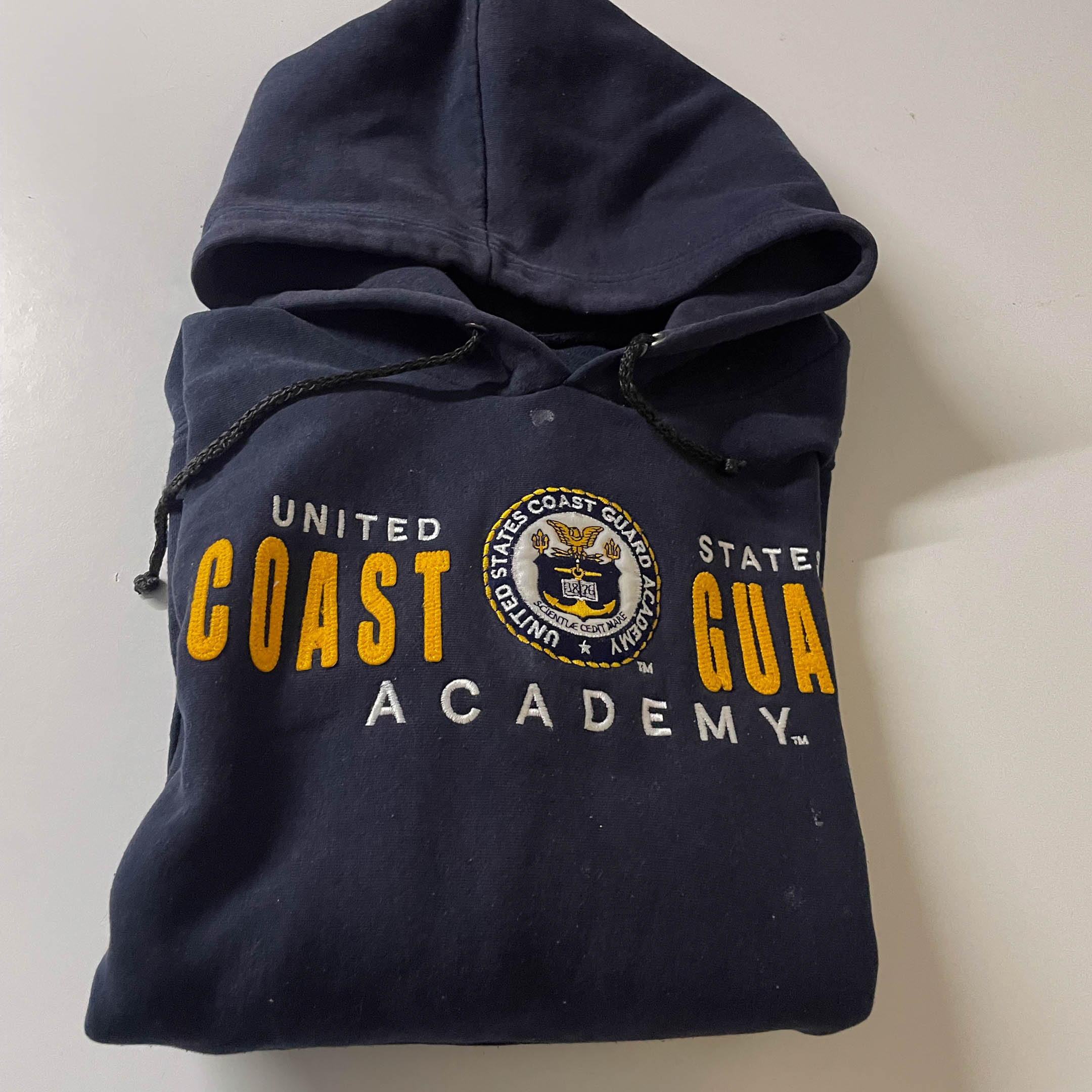 Vintage United State Coast Guard Academy logo print mens blue hoodie in S| 3710