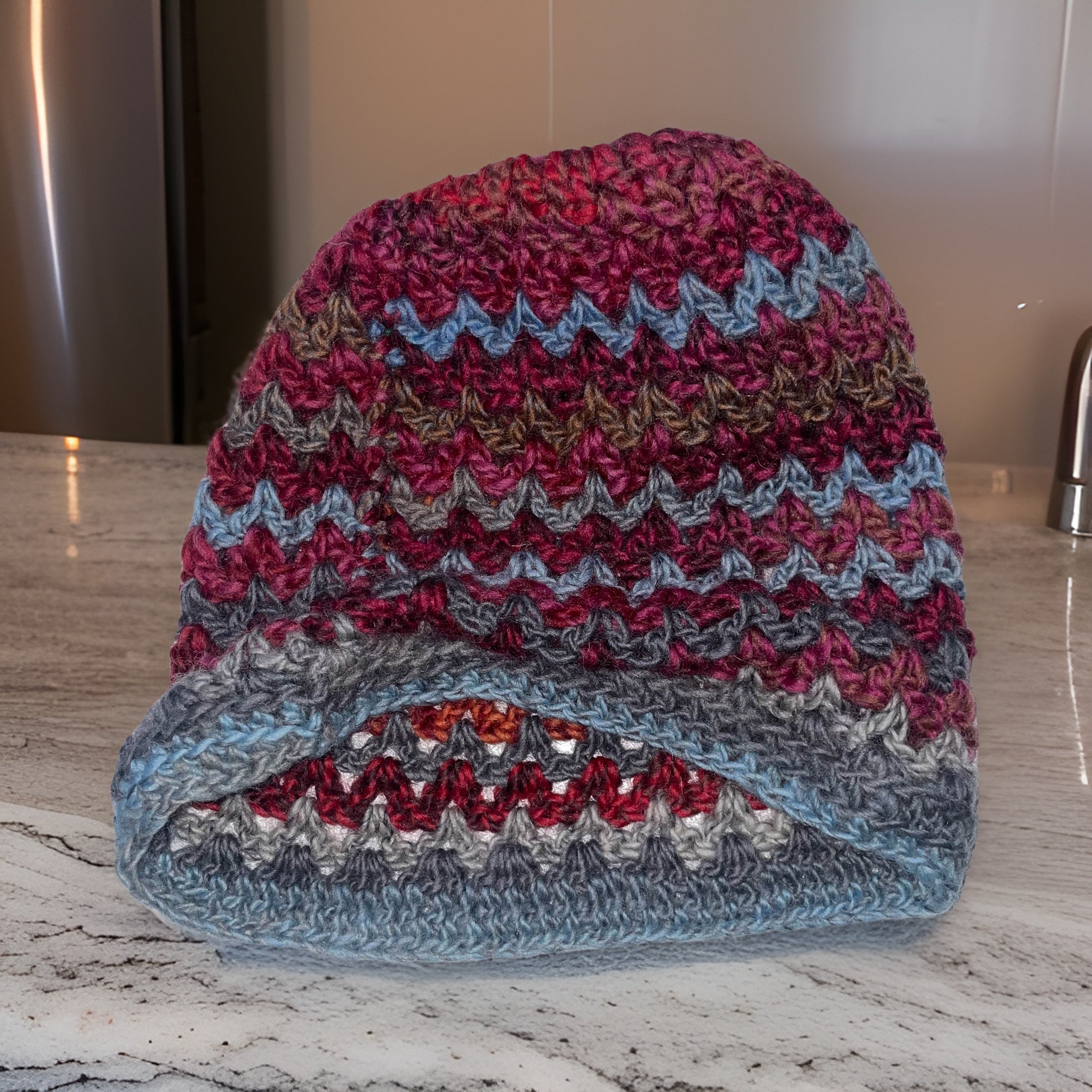 Vintage crochet zizzag multi stripe reversible beanie hat